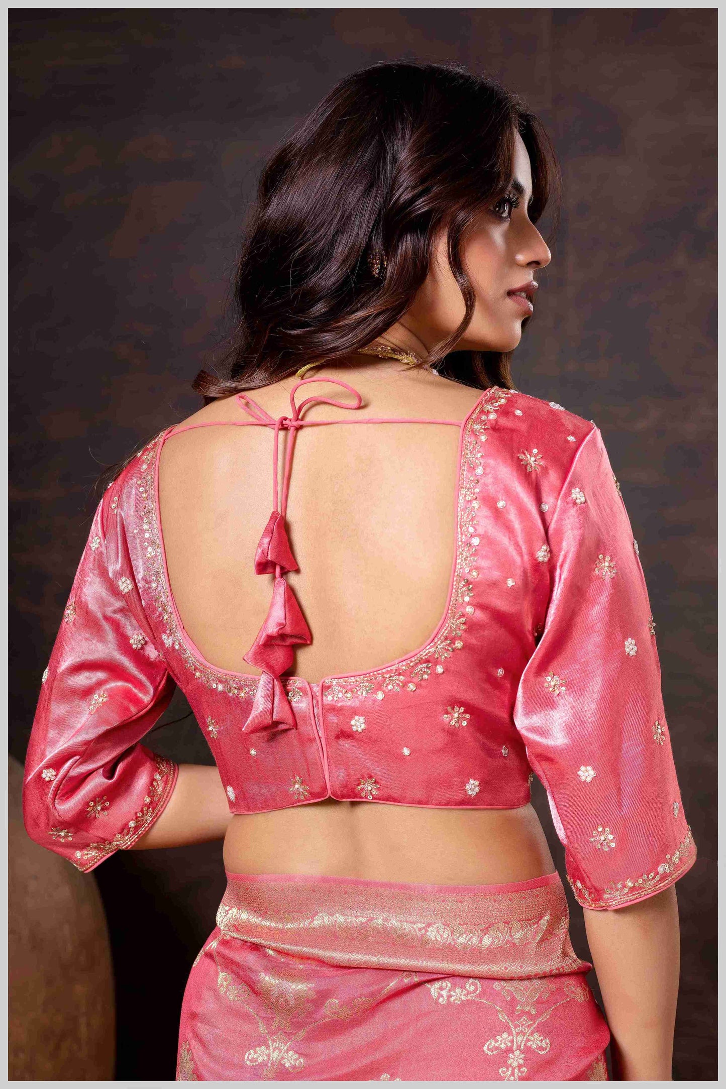 Regal Peach Zari Woven Silk Saree with Stitched Designer Blouse.