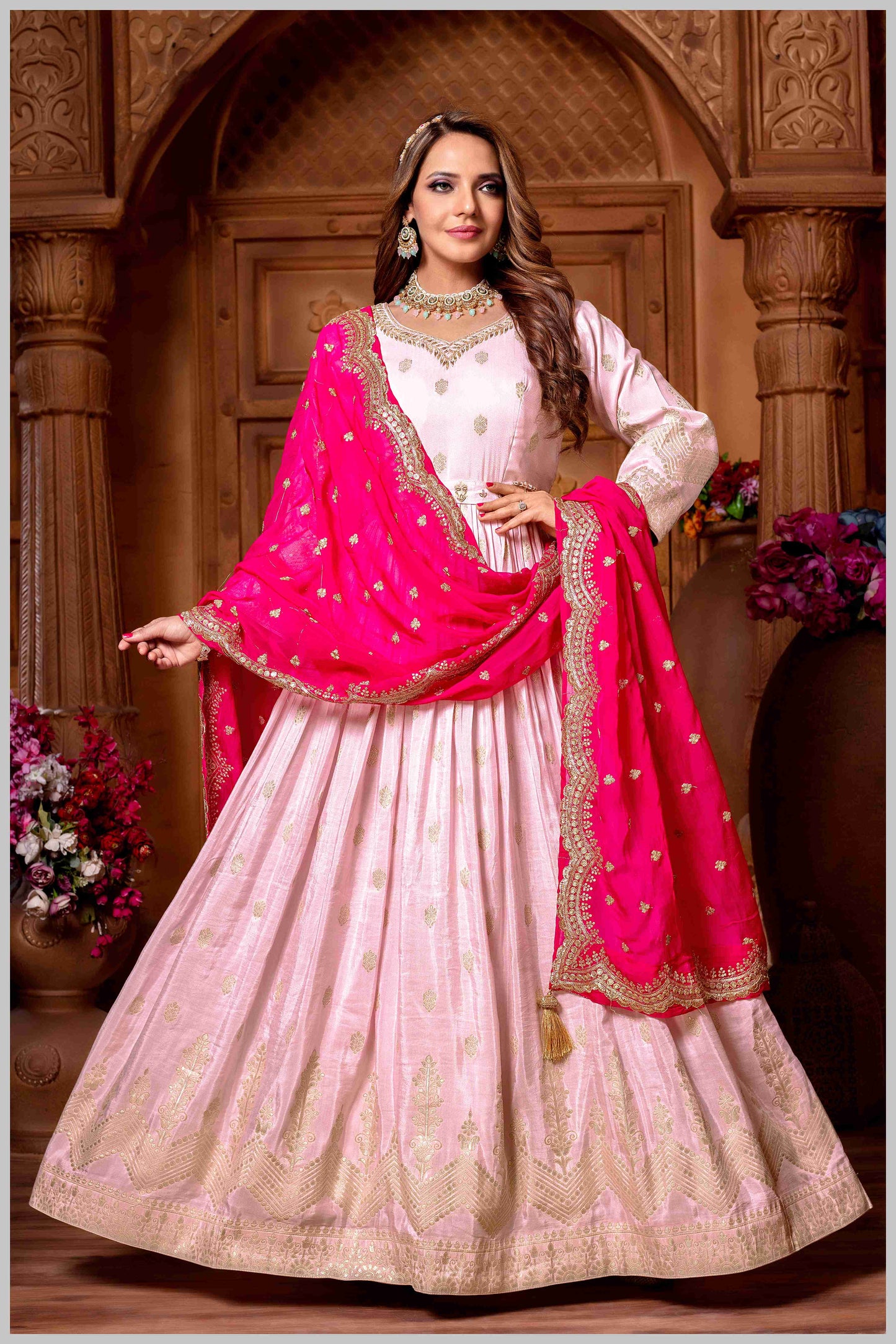 Baby Pink Anarkali with Contrasting Rani Pink Dupatta