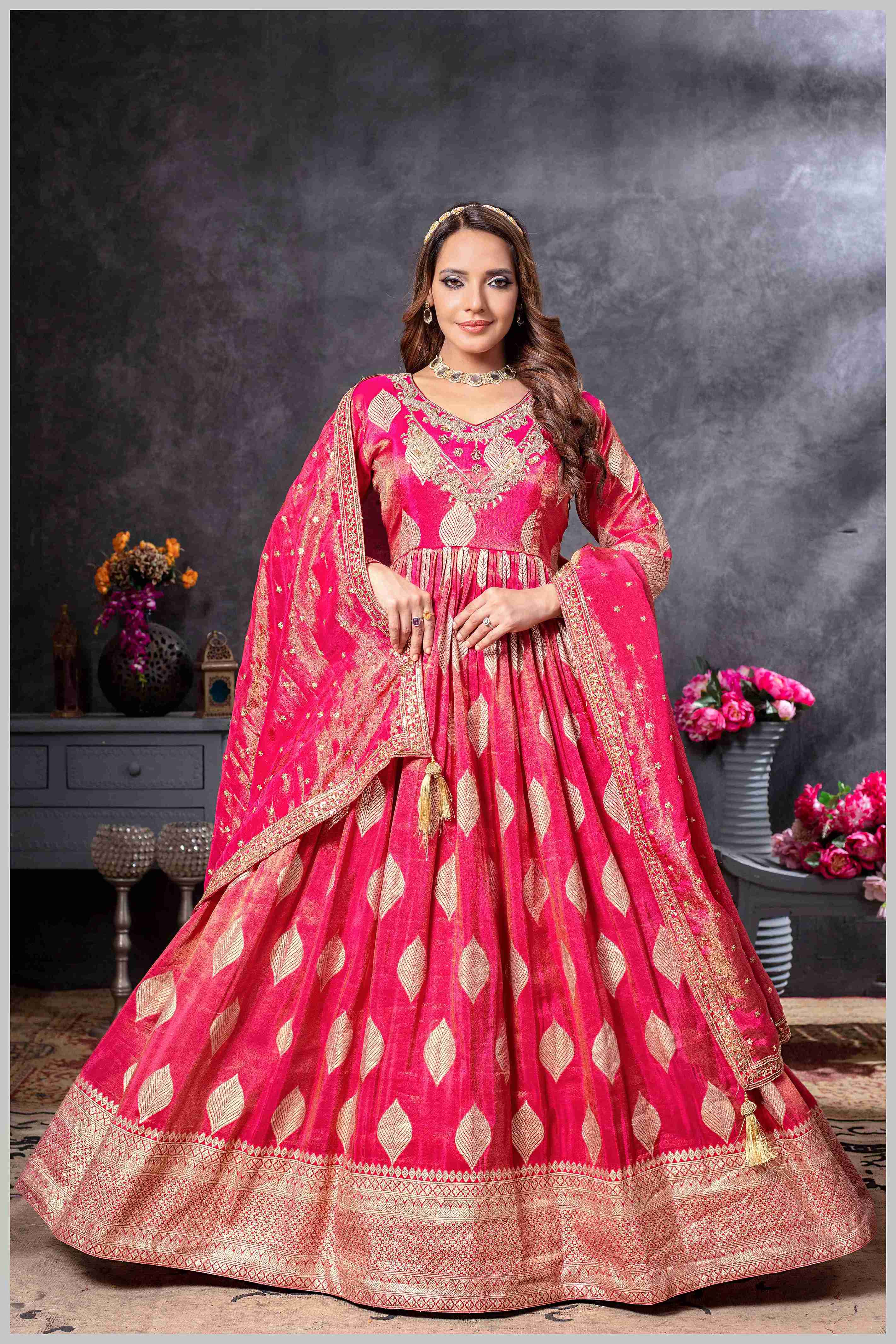 Pink Gown with Golden Zari Weaving & Embroidered Dupatta