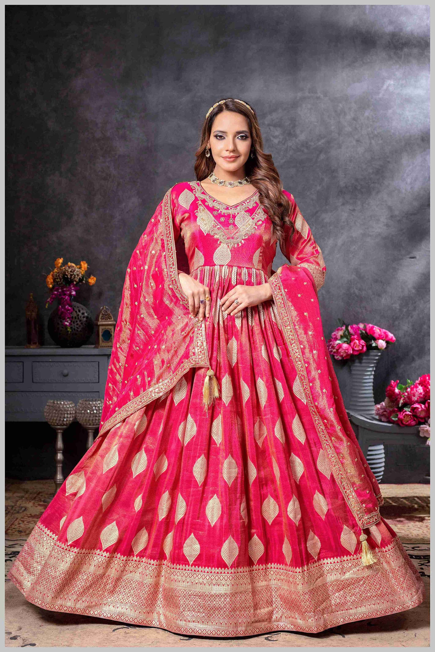 Pink Gown with Golden Zari Weaving & Embroidered Dupatta