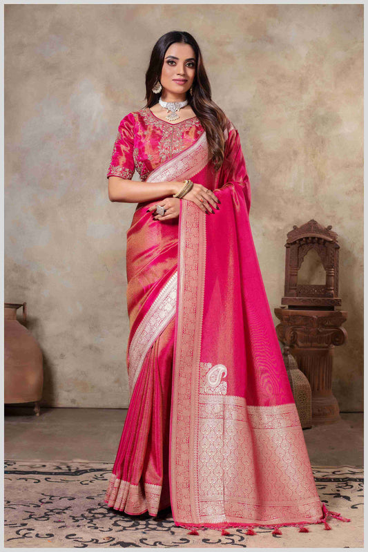 Zari Elegance in Pink Tissue Saree With Work Blouse.
