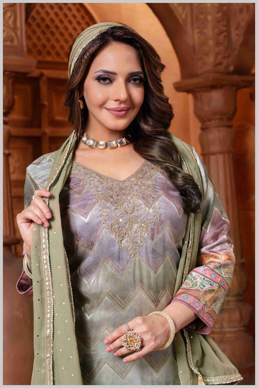 Chevron Kurta Set with Subtle Pastel Accents