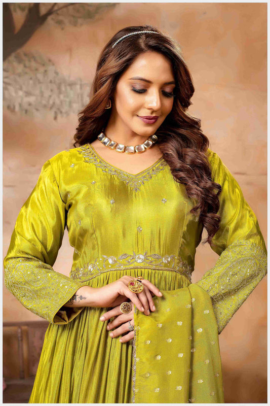 Mehendi Silk Anarkali Gown with Intricate Embroidery