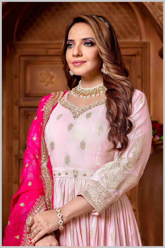 Baby Pink Anarkali with Contrasting Rani Pink Dupatta