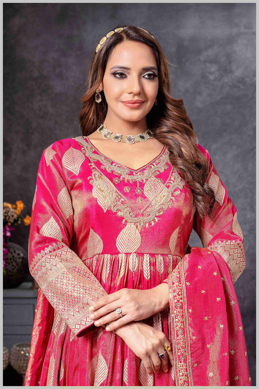 Pink Gown with Golden Zari Weaving & Embroidered Dupatta
