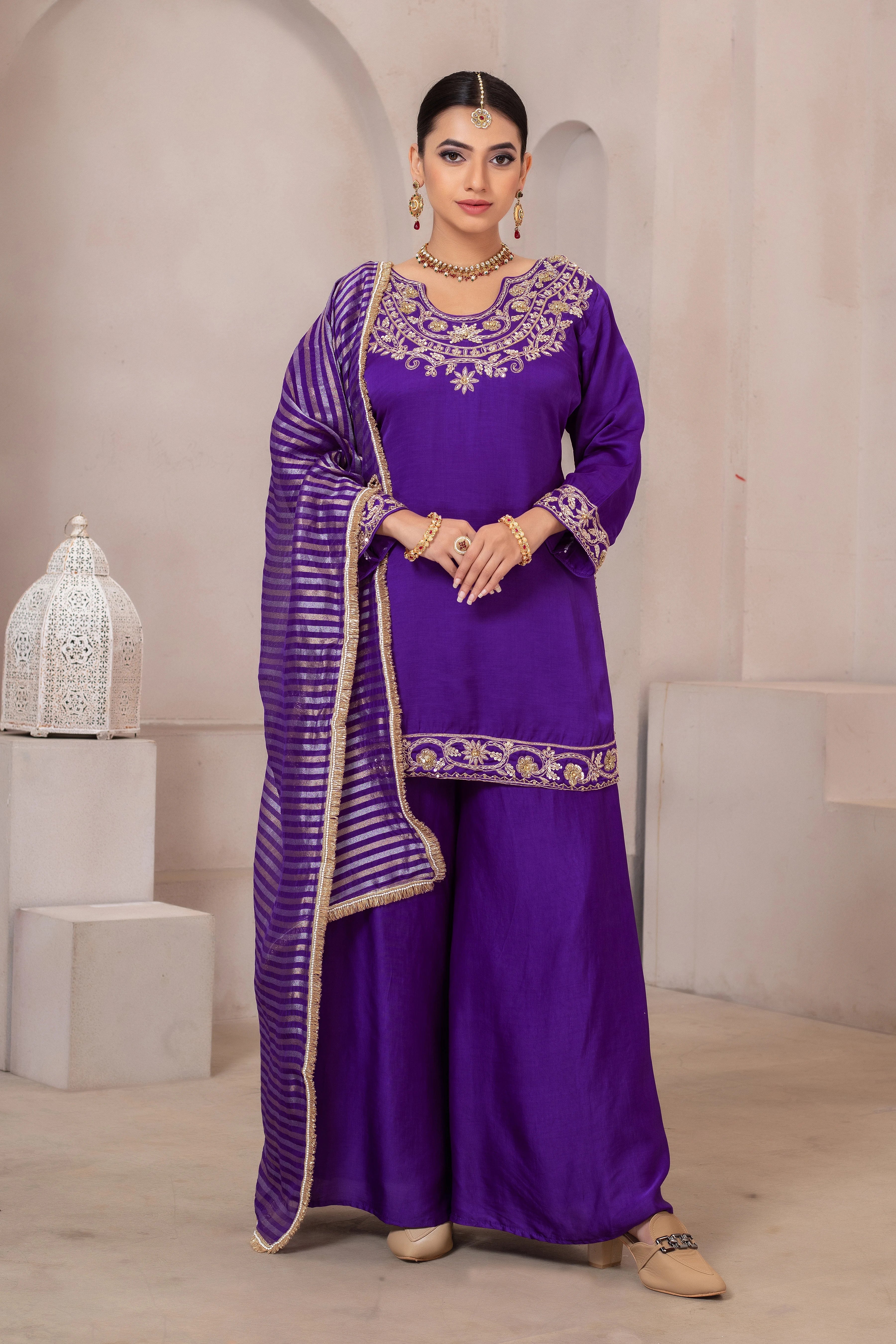 Pure Linen Zardozi Handwork Palazzo Set with Dupatta