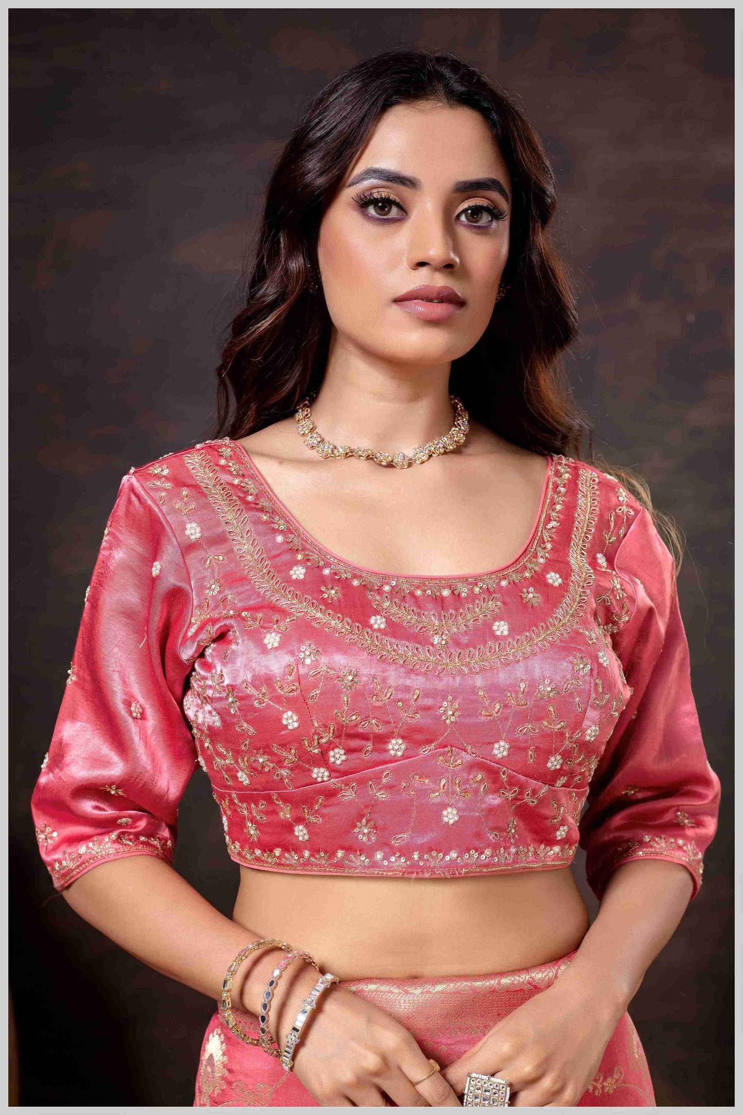 Graceful Pink Banarasi Silk Saree with Zari Accents & Embroidered Blouse