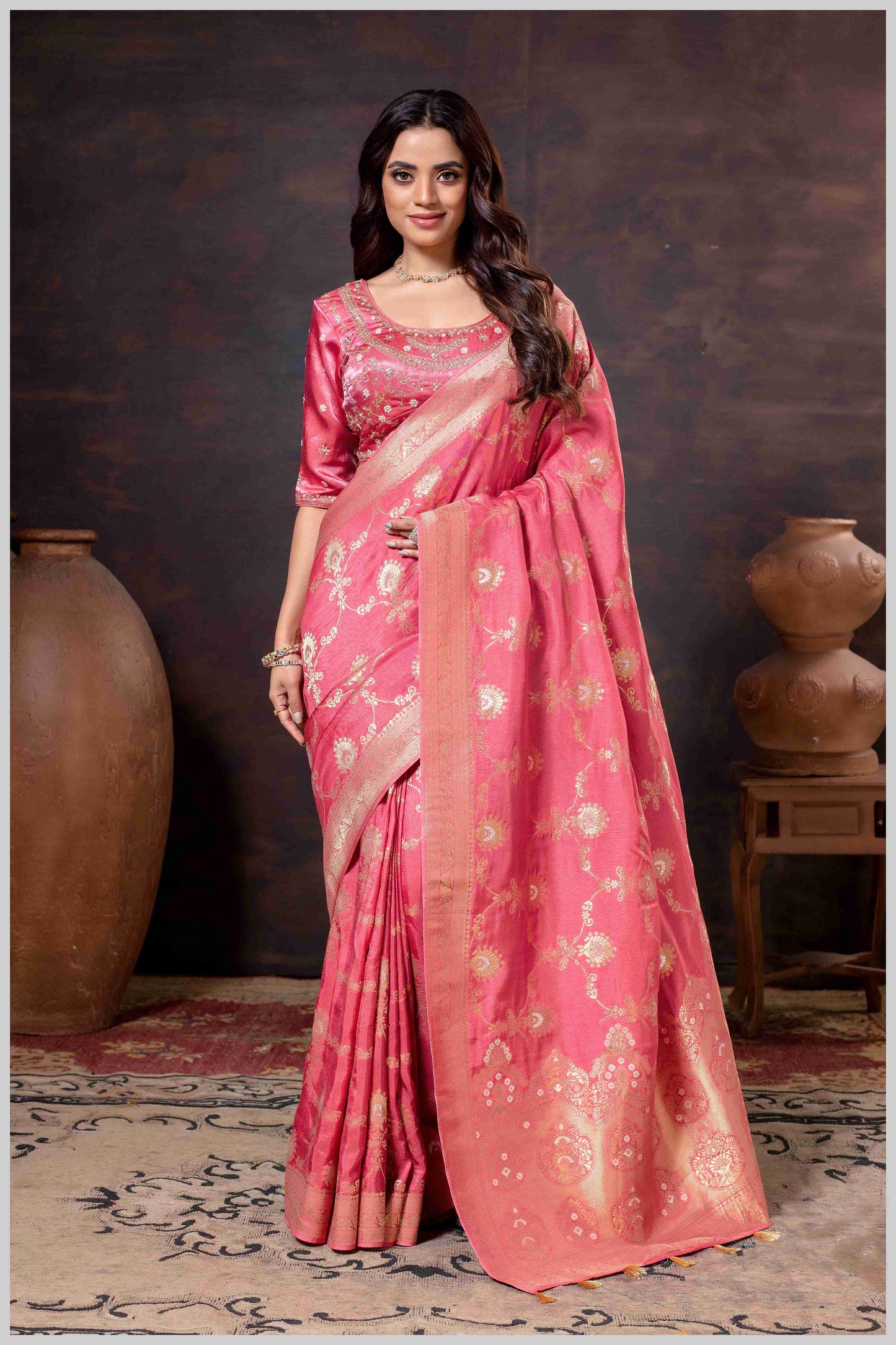 Graceful Pink Banarasi Silk Saree with Zari Accents & Embroidered Blouse