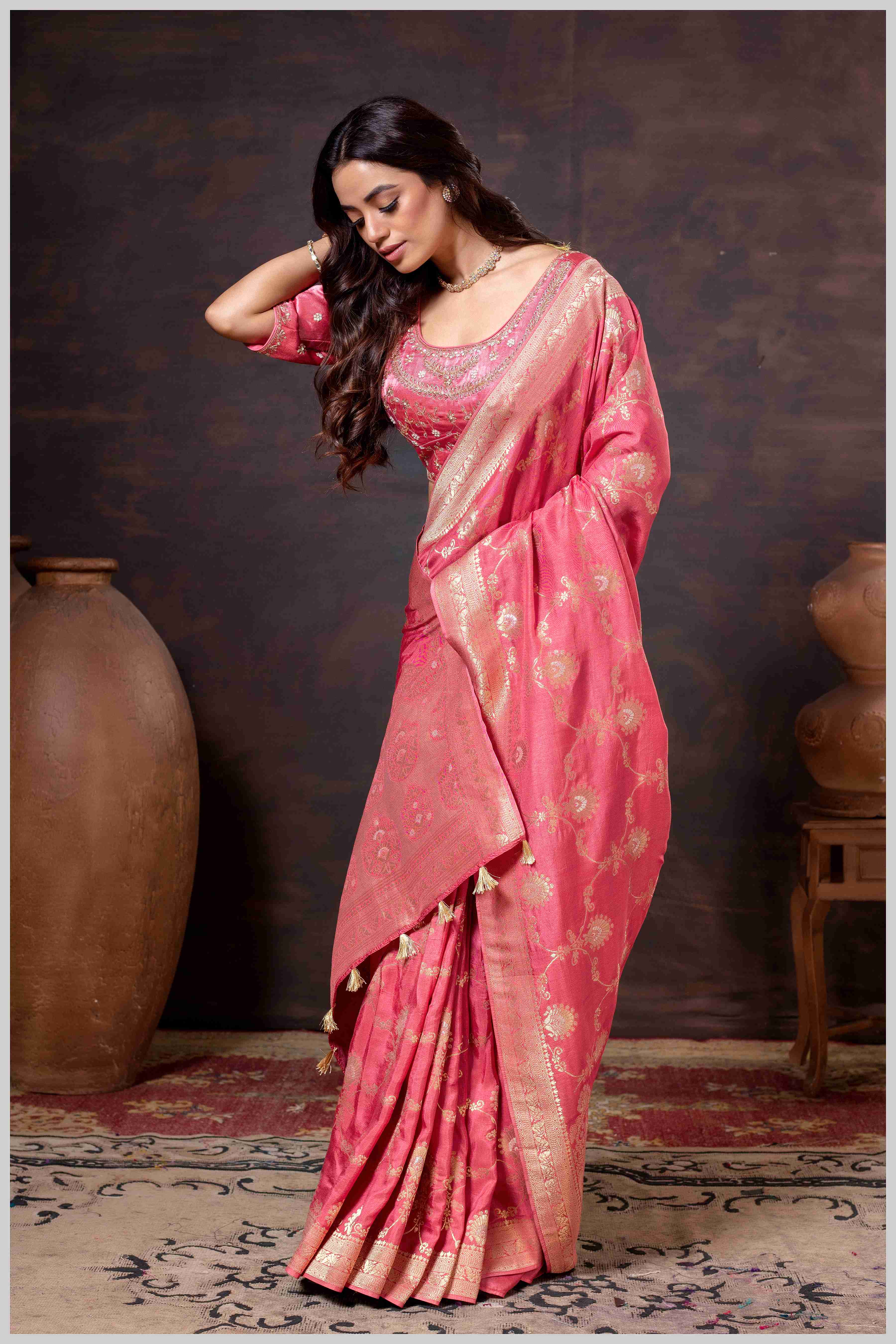 Graceful Pink Banarasi Silk Saree with Zari Accents & Embroidered Blouse