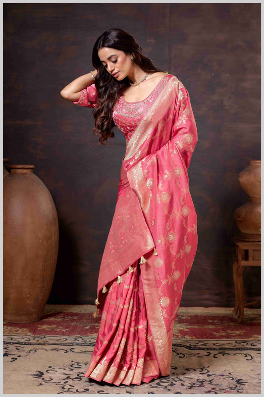 Graceful Pink Banarasi Silk Saree with Zari Accents & Embroidered Blouse