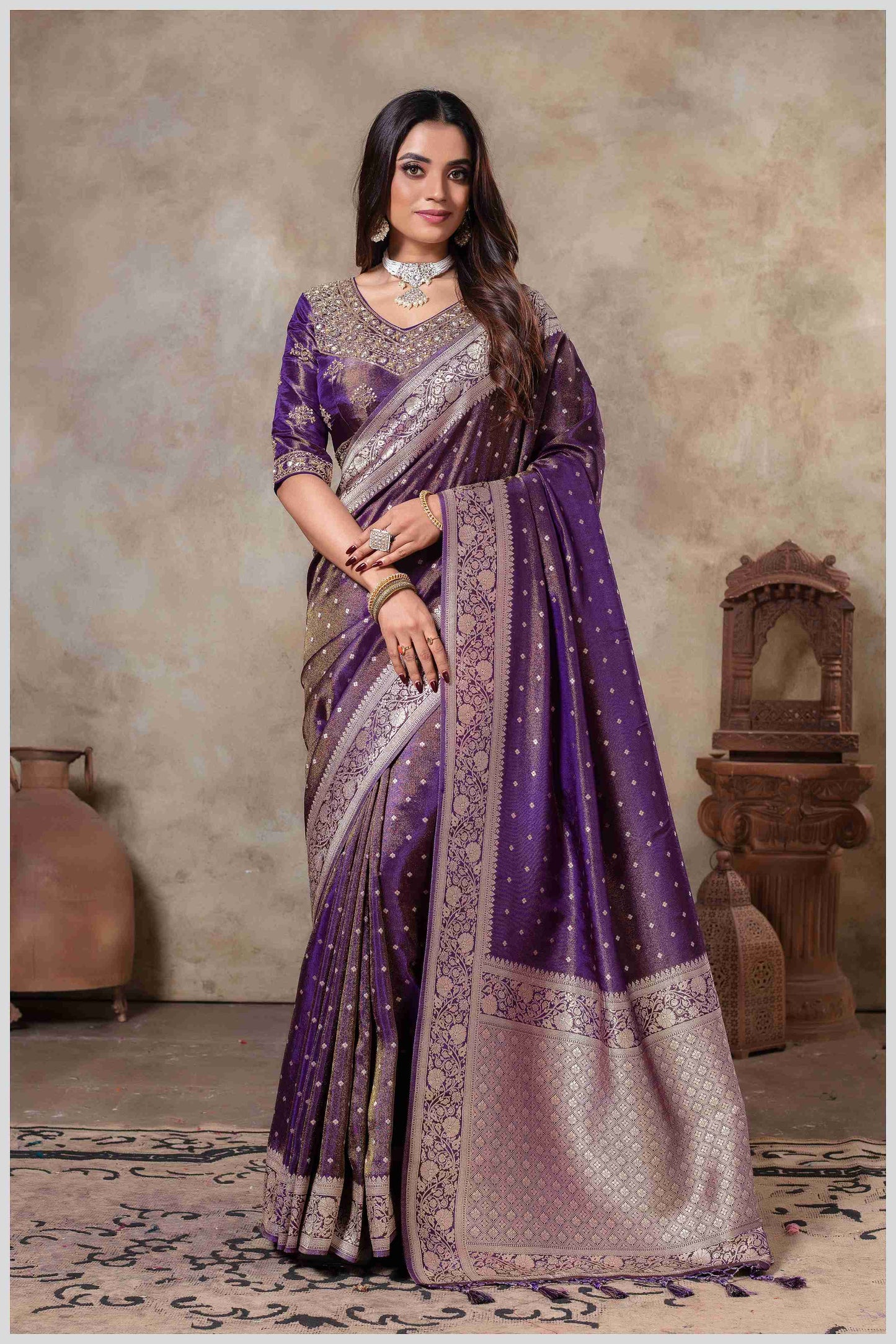 Purple Tissue Silk Saree with Golden Zari Weaving