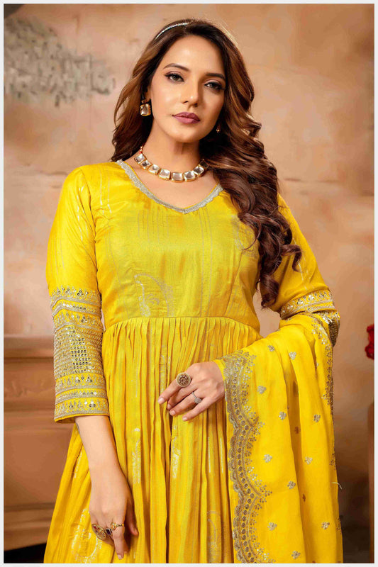 Step Into the Spotlight in This mustard Silk Anarkali Gown