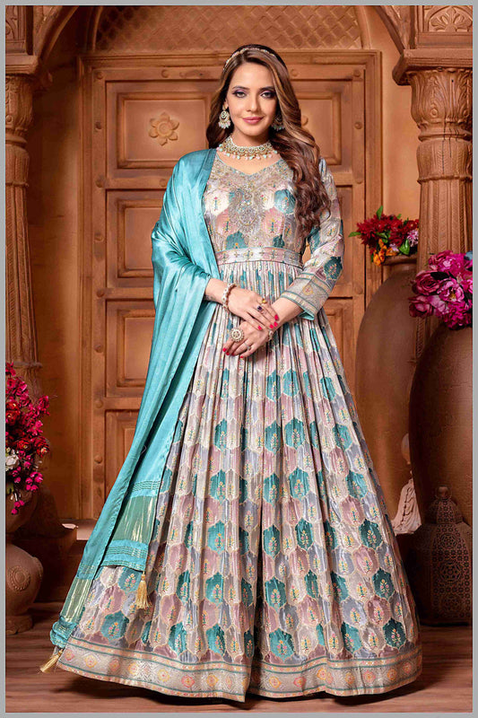 Blue Woven Anarkali with Contrasting Silk Dupatta