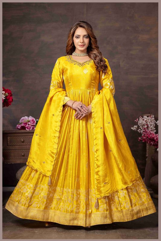 Mustard Yellow Anarkali with Zari Floral Dupatta