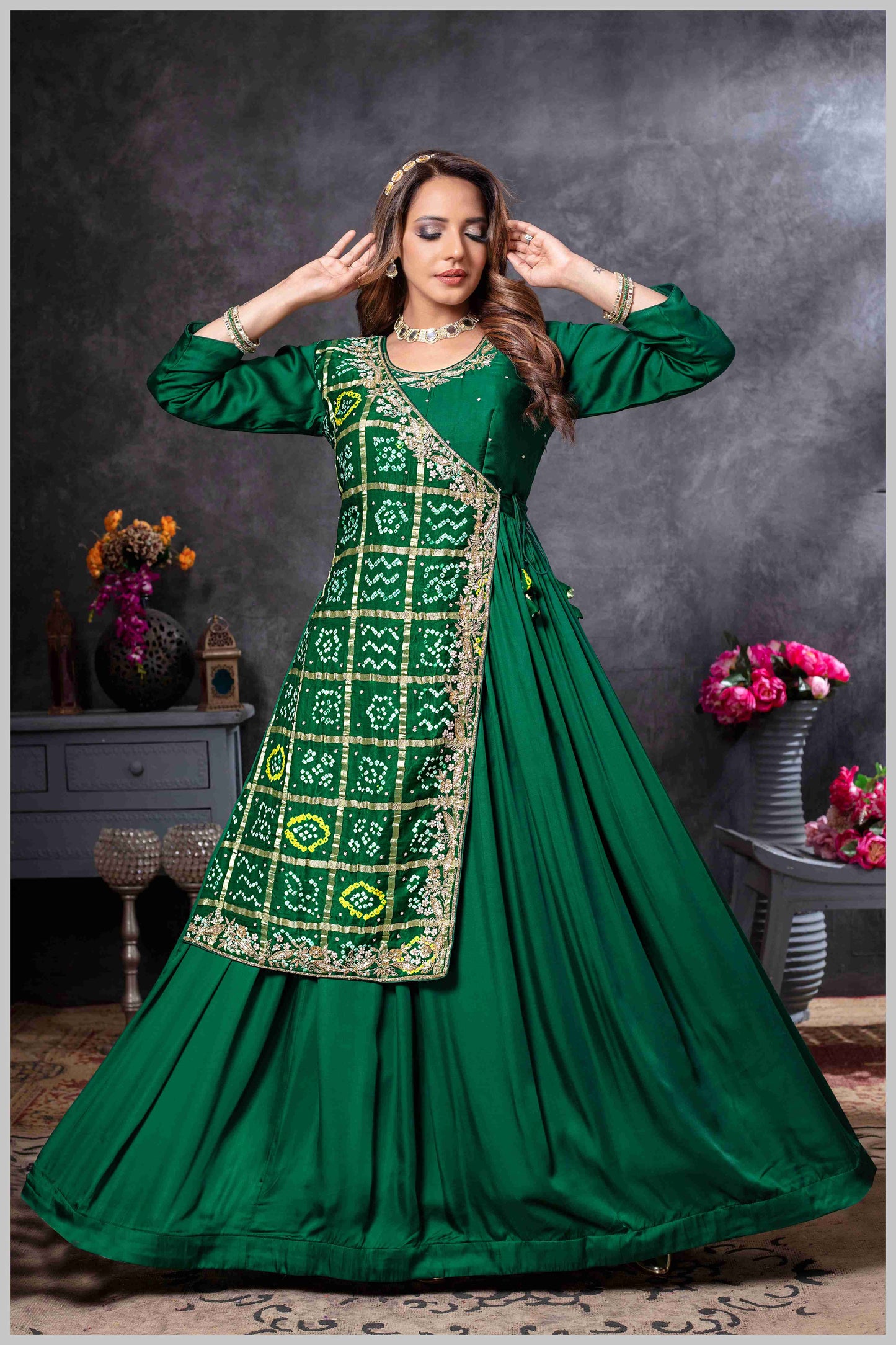 Bottle Green Gown with Embroidered Banarasi Jacket