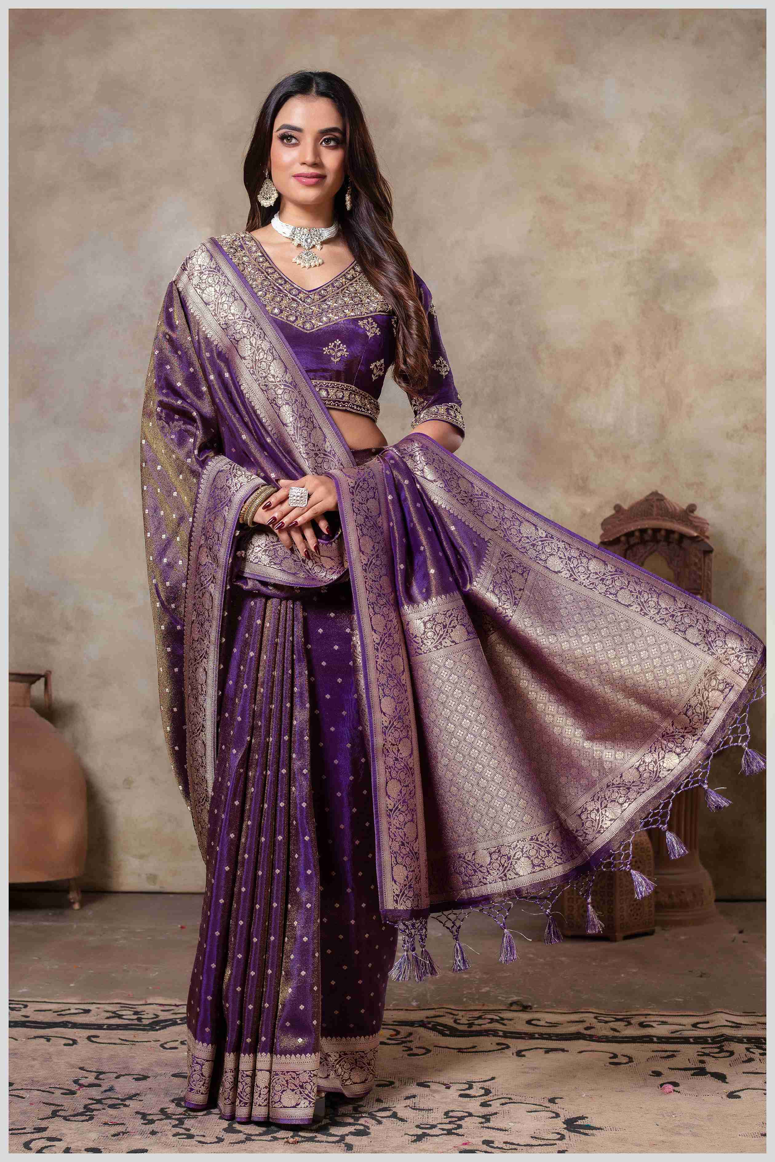 Purple Tissue Silk Saree with Golden Zari Weaving