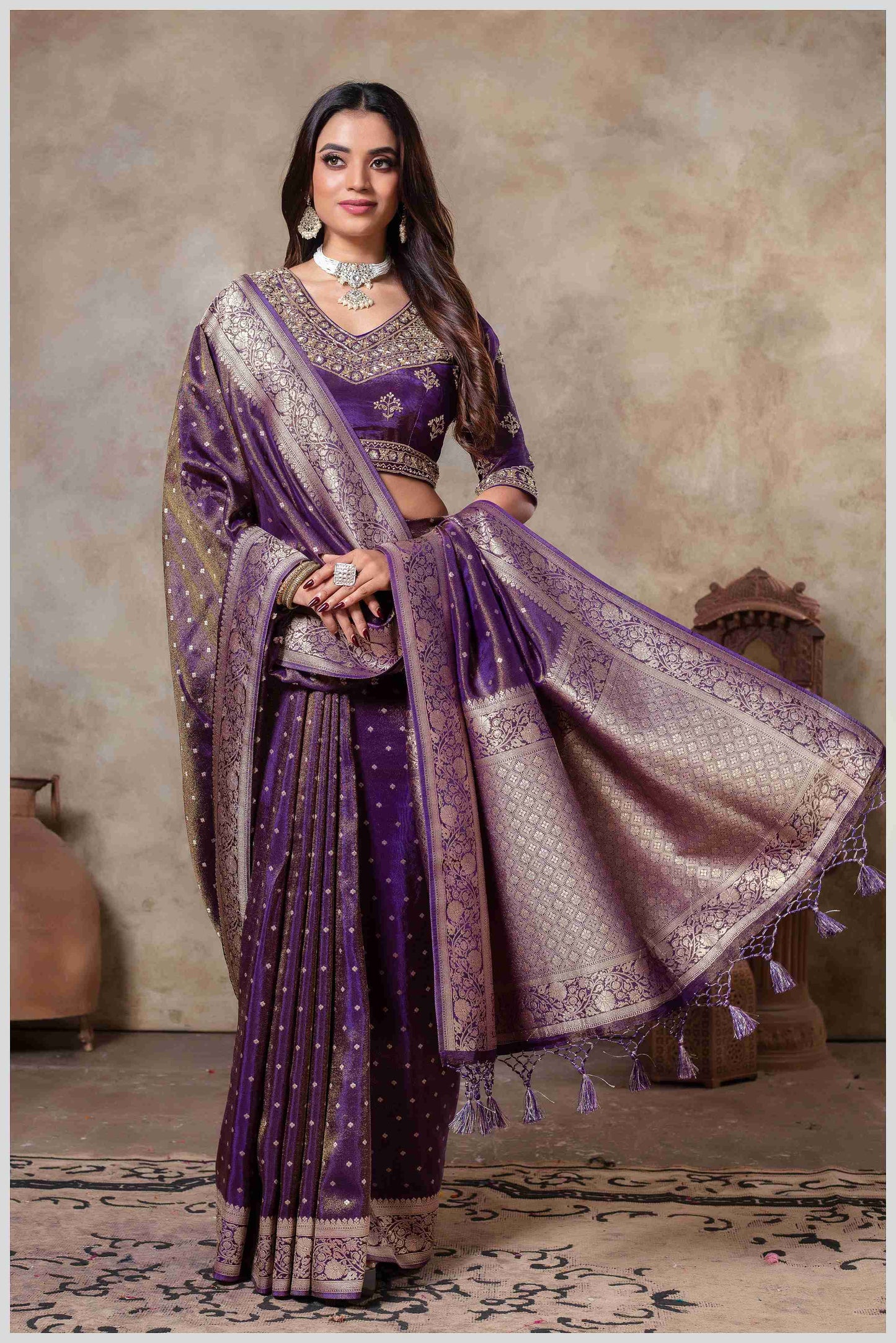 Purple Tissue Silk Saree with Golden Zari Weaving