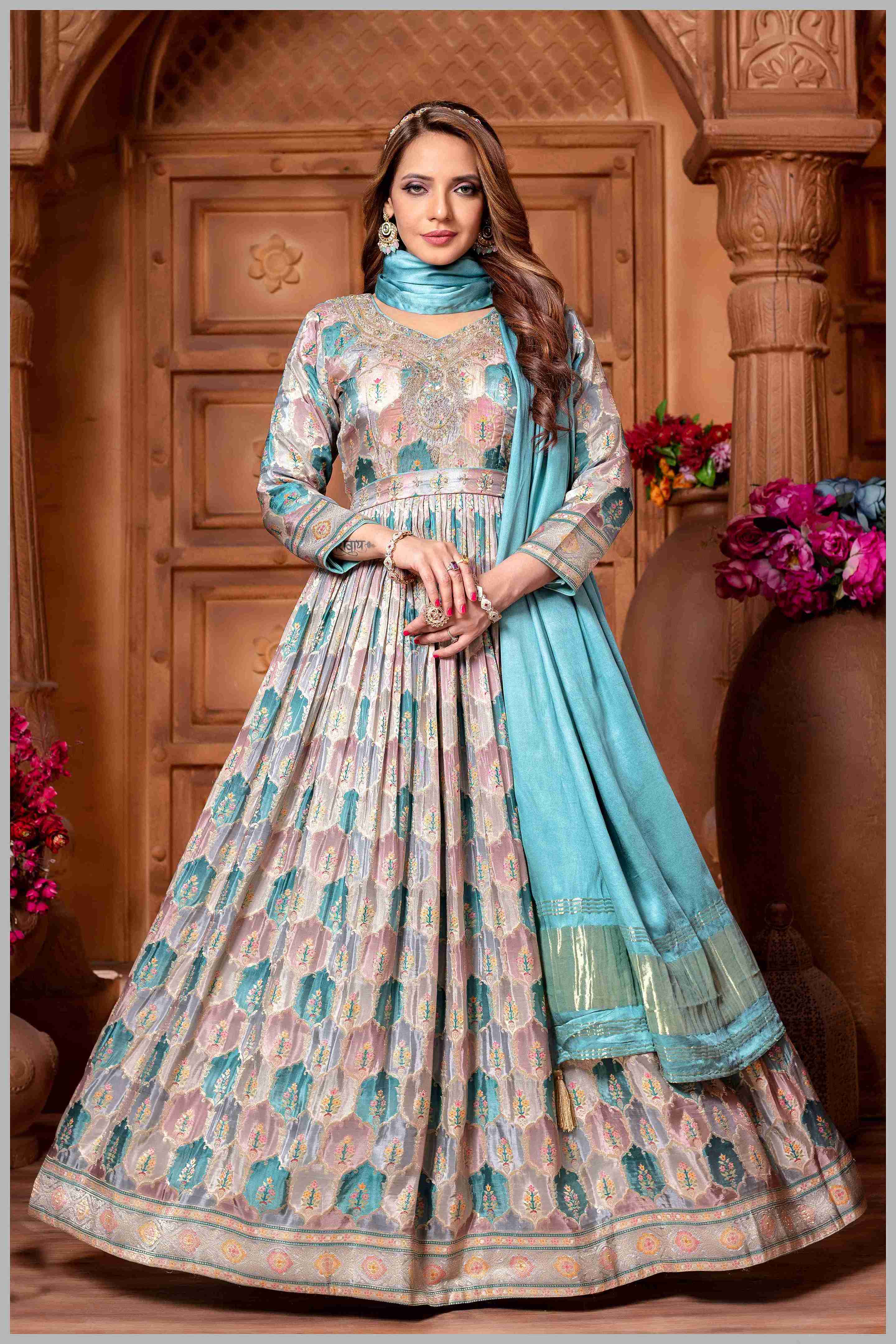 Blue Woven Anarkali with Contrasting Silk Dupatta
