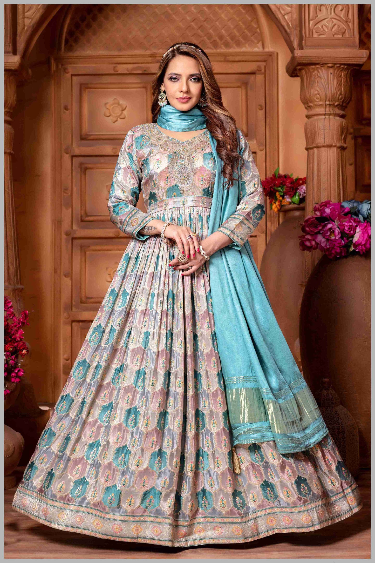 Blue Woven Anarkali with Contrasting Silk Dupatta