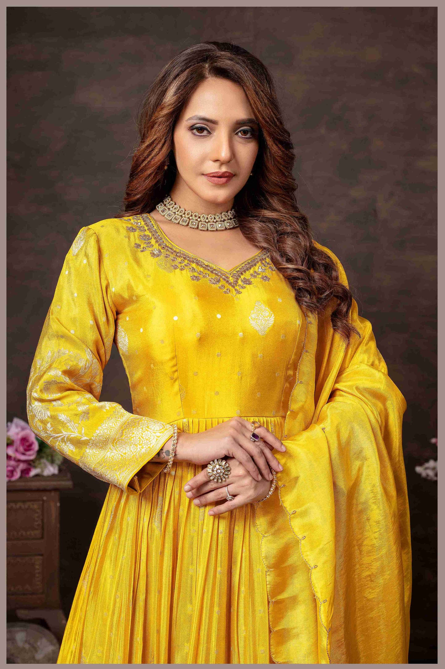 Mustard Yellow Anarkali with Zari Floral Dupatta