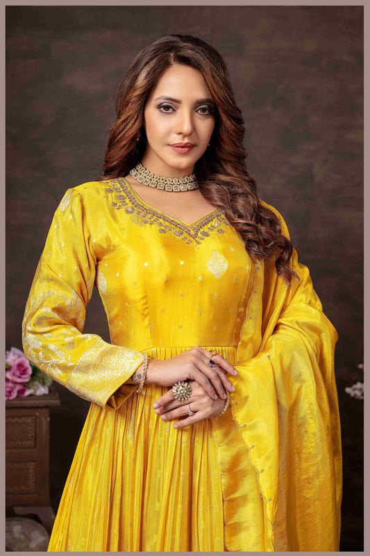 Mustard Yellow Anarkali with Zari Floral Dupatta