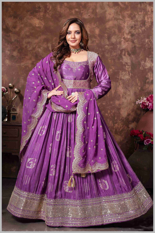 Mauve Banarasi Silk Anarkali Gown with Sequin Embroidery Dupatta