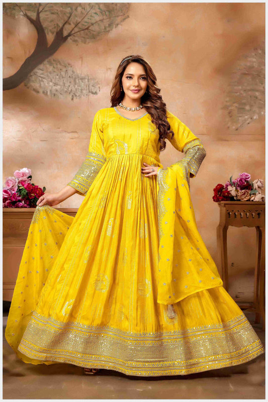 Step Into the Spotlight in This mustard Silk Anarkali Gown
