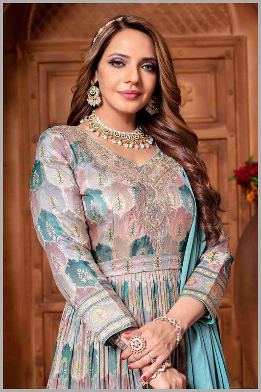 Blue Woven Anarkali with Contrasting Silk Dupatta