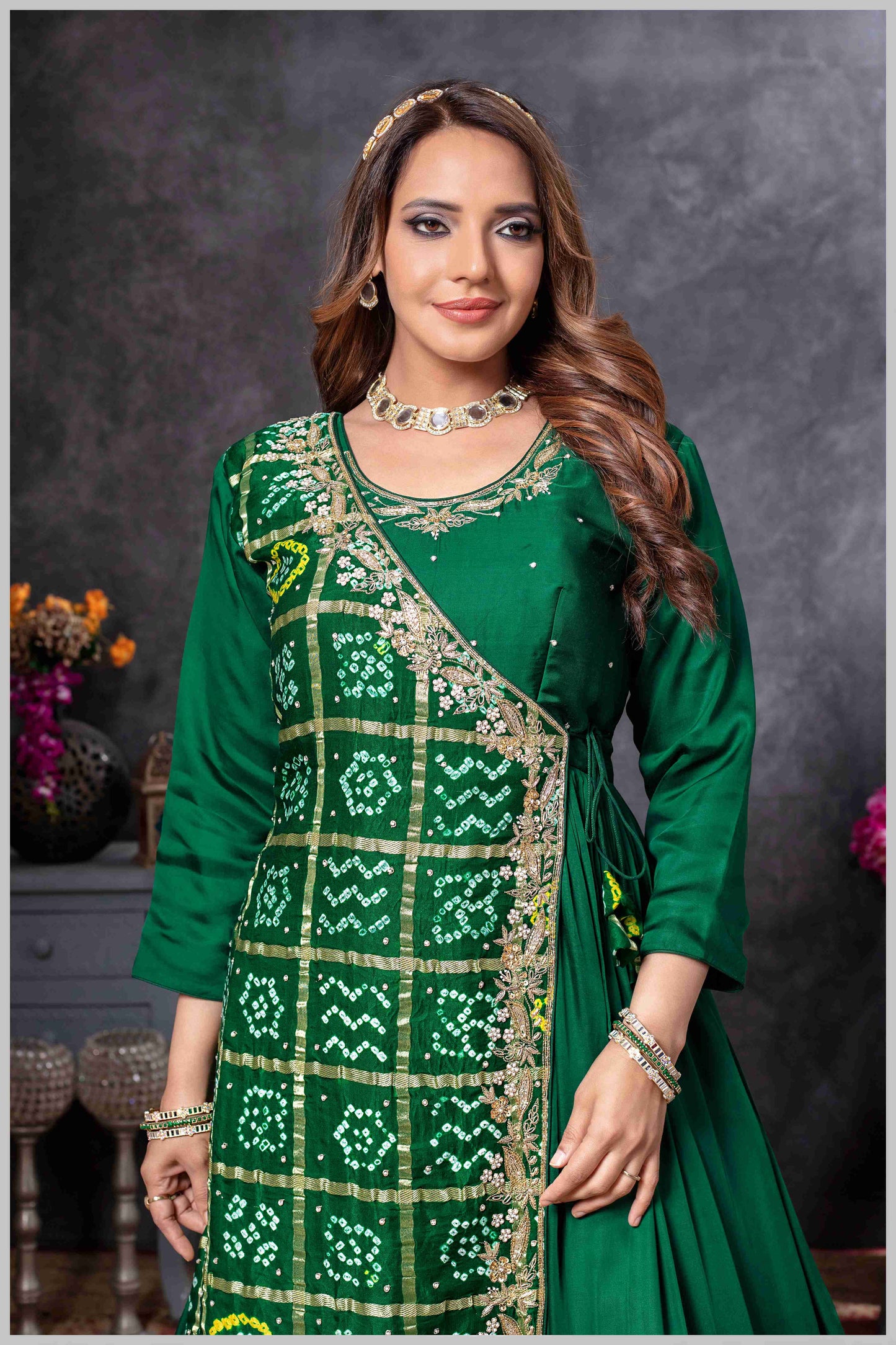 Bottle Green Gown with Embroidered Banarasi Jacket