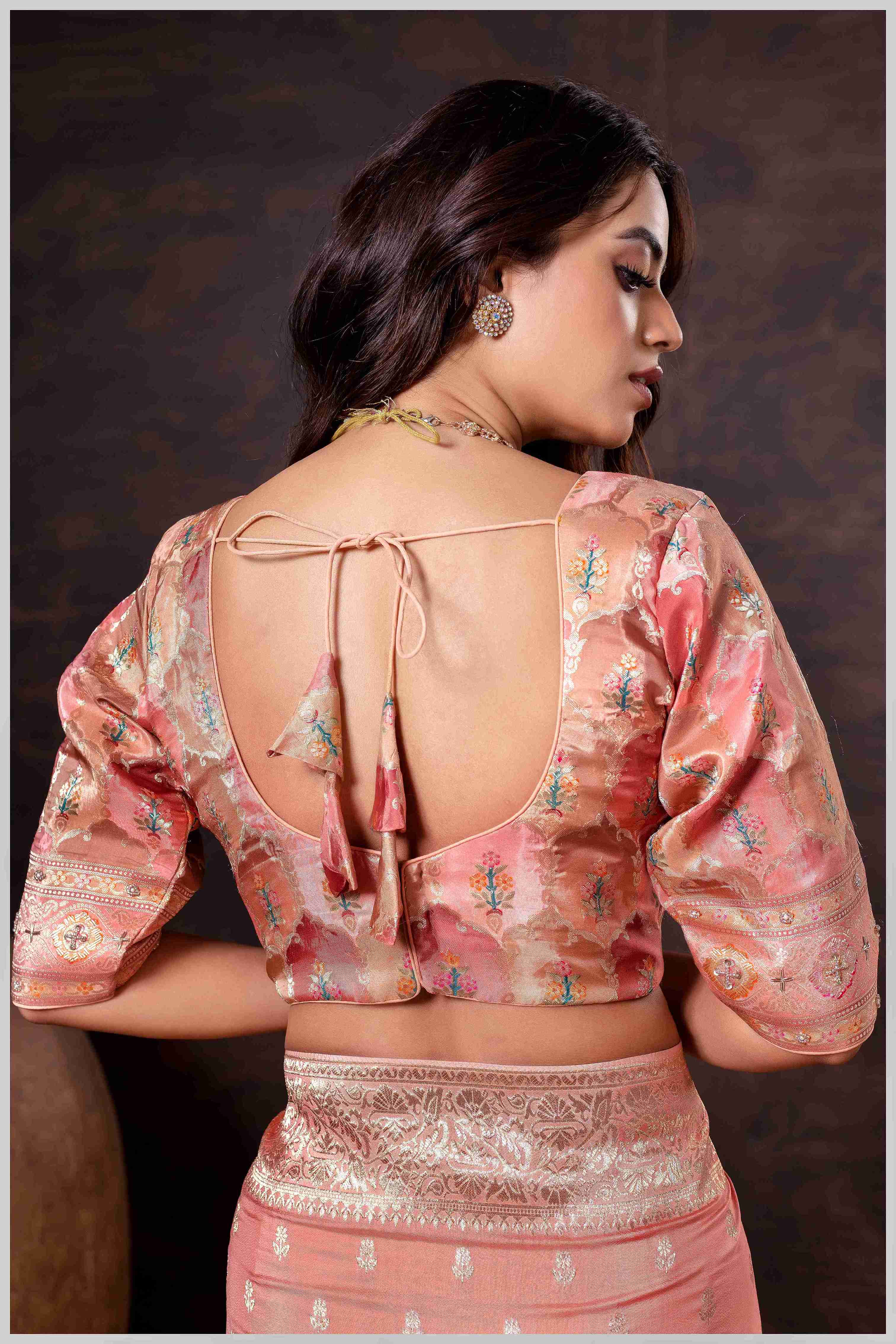 Ethereal Peach Crepe Silk Saree with Brocade Blouse & Zari Detailing