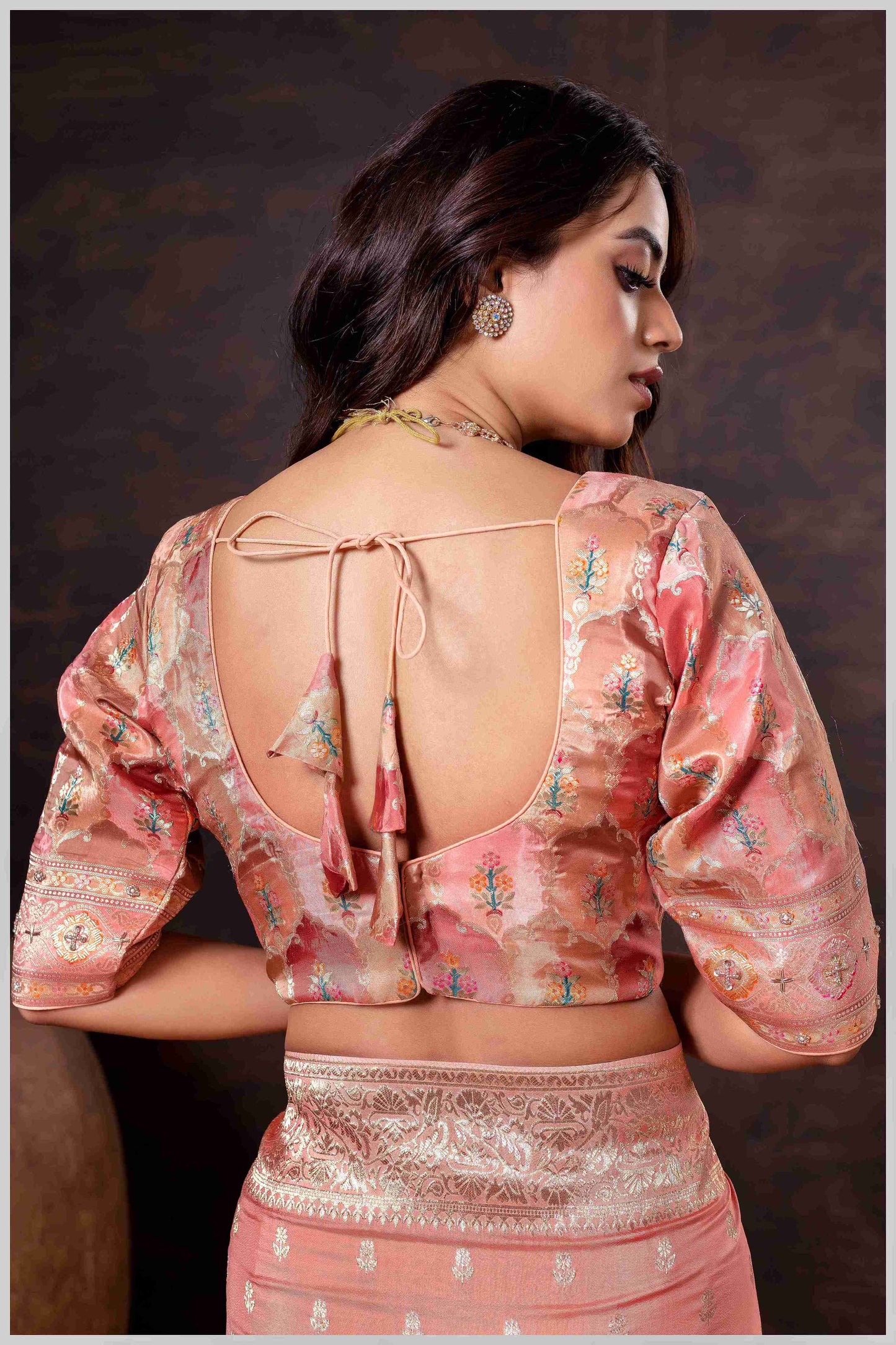 Ethereal Peach Crepe Silk Saree with Brocade Blouse & Zari Detailing