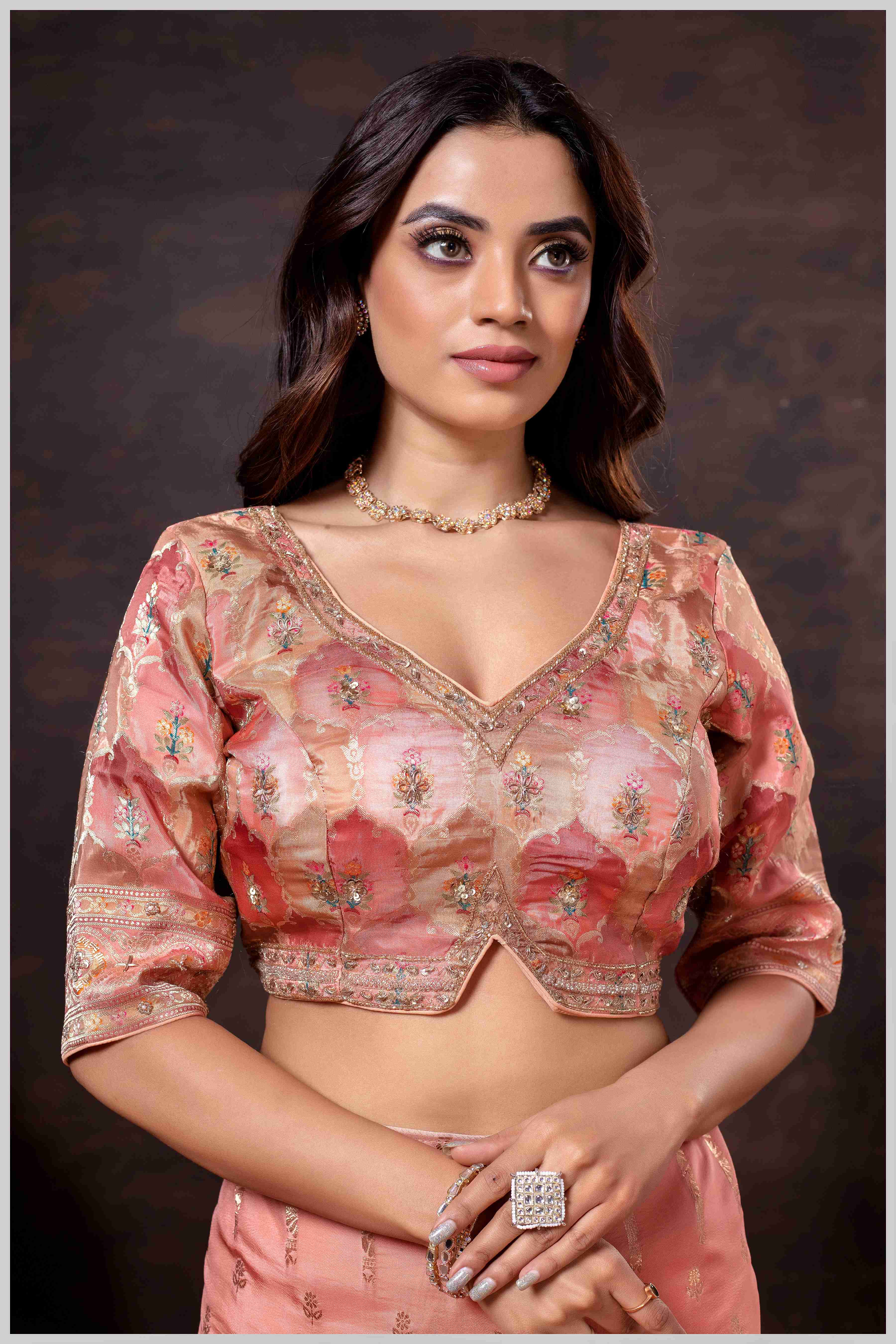 Ethereal Peach Crepe Silk Saree with Brocade Blouse & Zari Detailing