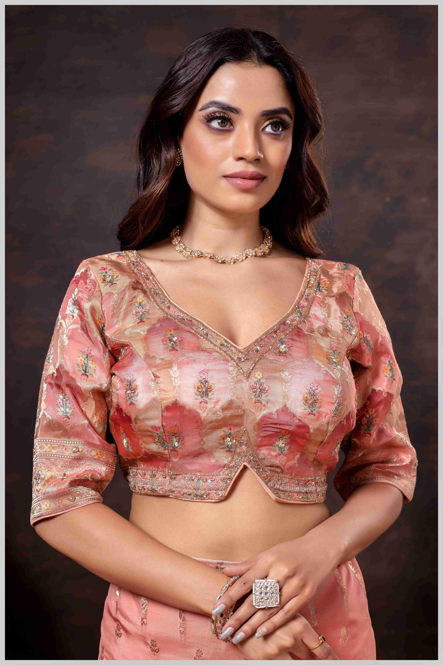 Ethereal Peach Crepe Silk Saree with Brocade Blouse & Zari Detailing