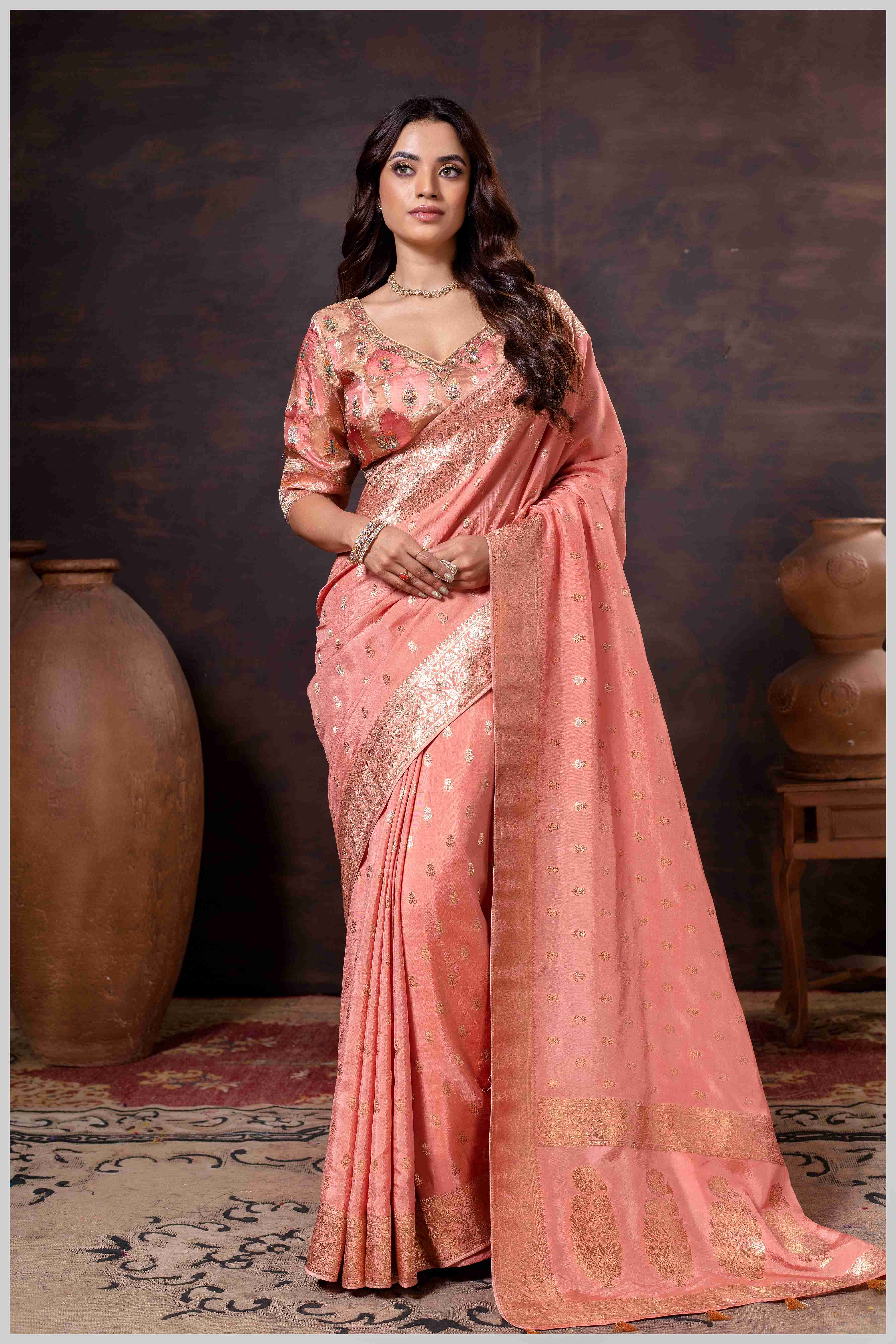 Ethereal Peach Crepe Silk Saree with Brocade Blouse & Zari Detailing