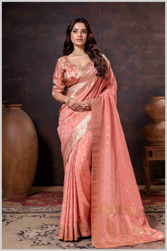 Ethereal Peach Crepe Silk Saree with Brocade Blouse & Zari Detailing
