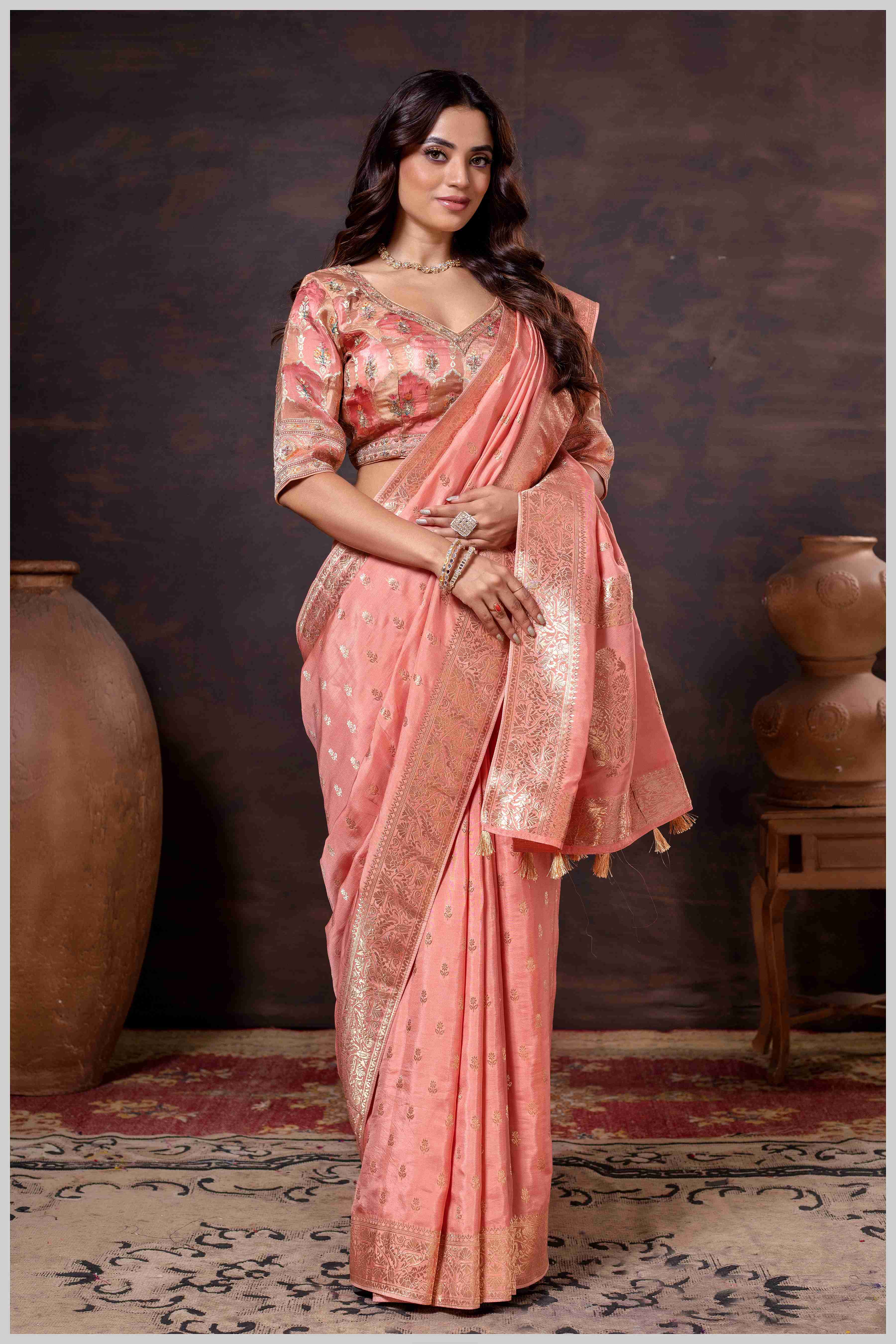 Ethereal Peach Crepe Silk Saree with Brocade Blouse & Zari Detailing