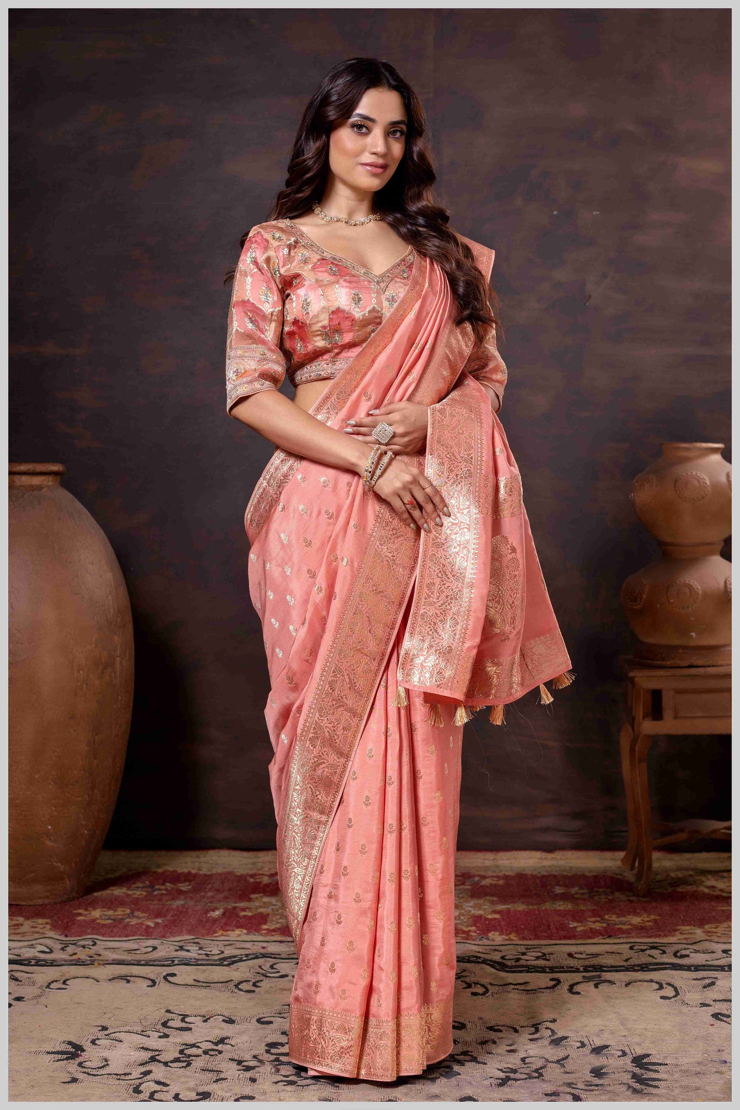 Ethereal Peach Crepe Silk Saree with Brocade Blouse & Zari Detailing