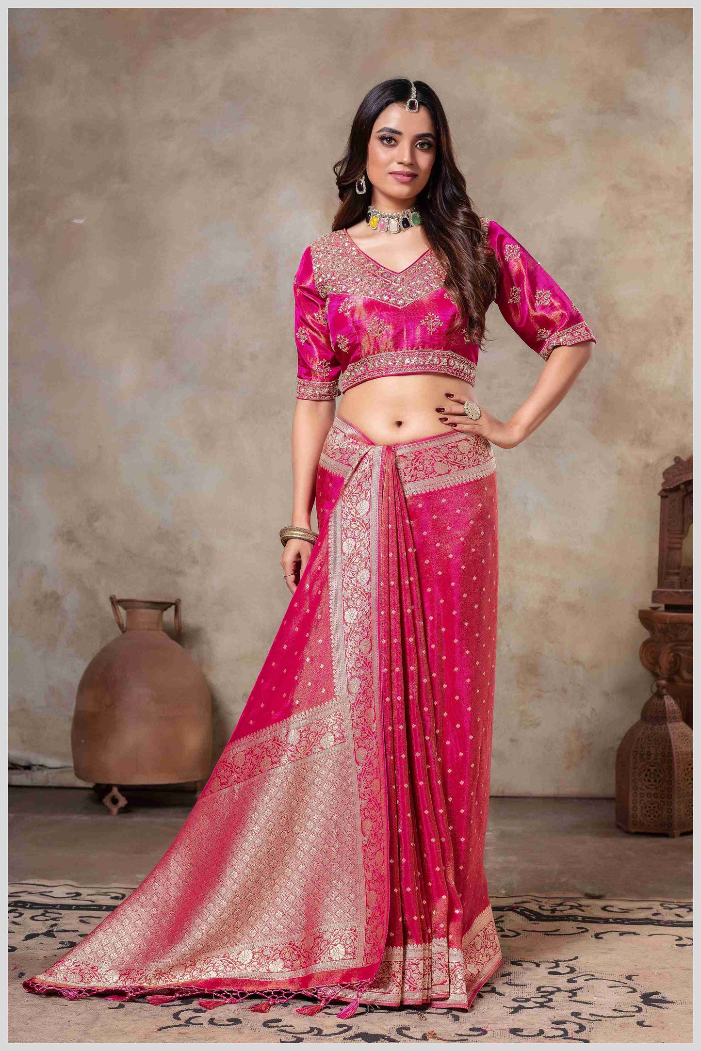 Pink Tissue Silk Saree with Golden Zari Weaving