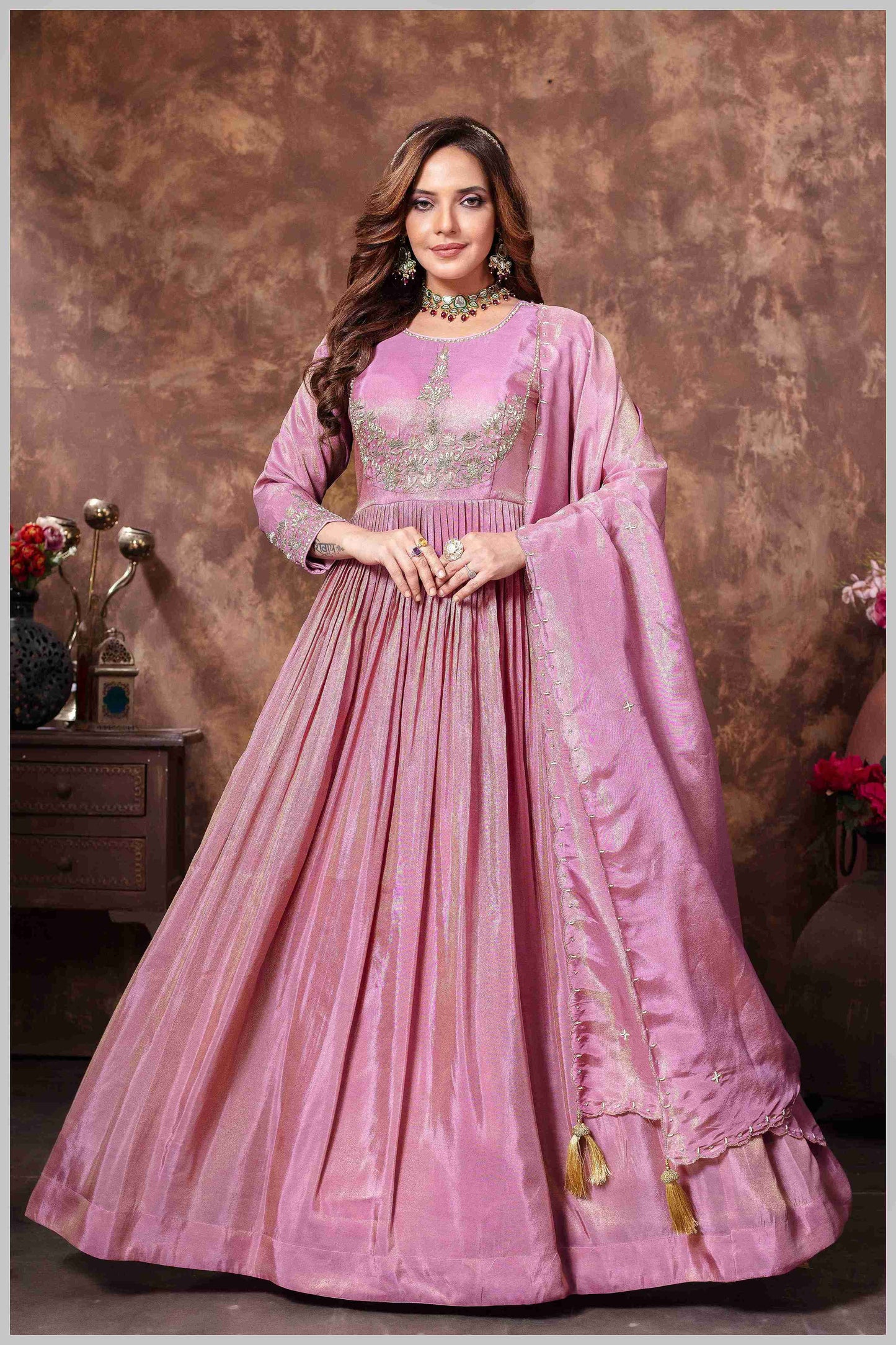 Mauve Anarkali with Golden Thread Embroidery