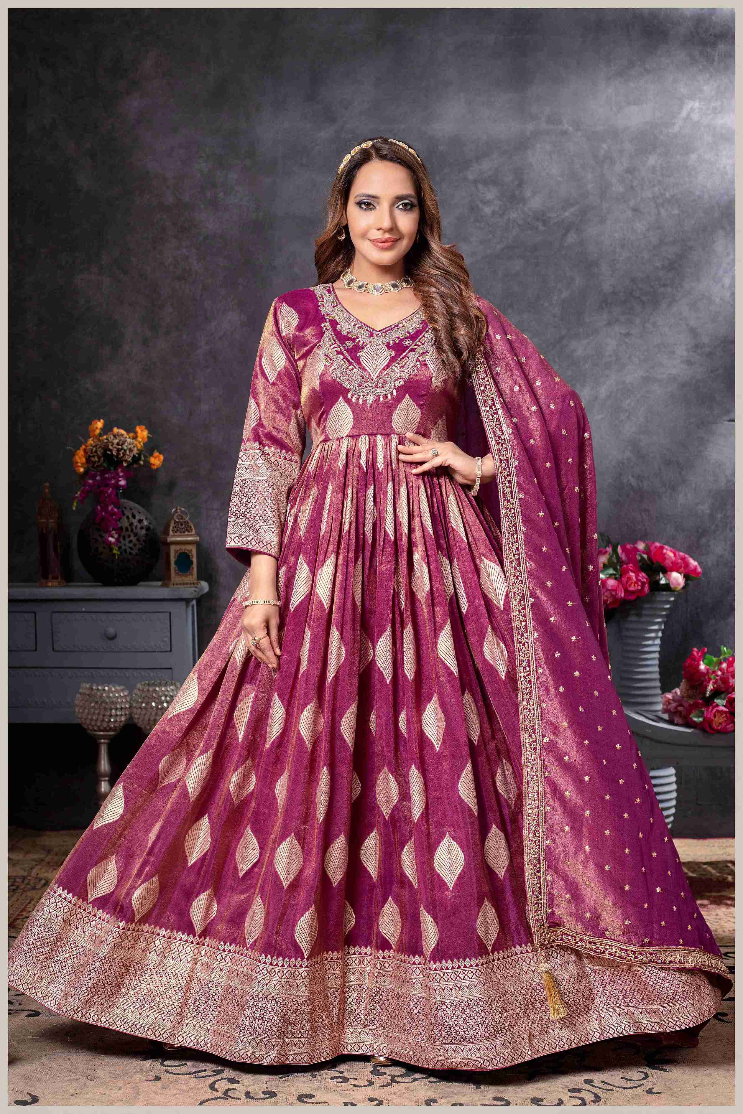 Magenta Gown with Golden Zari Weaving & Embroidered Dupatta