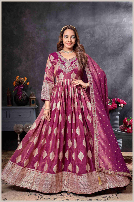 Magenta Gown with Golden Zari Weaving & Embroidered Dupatta