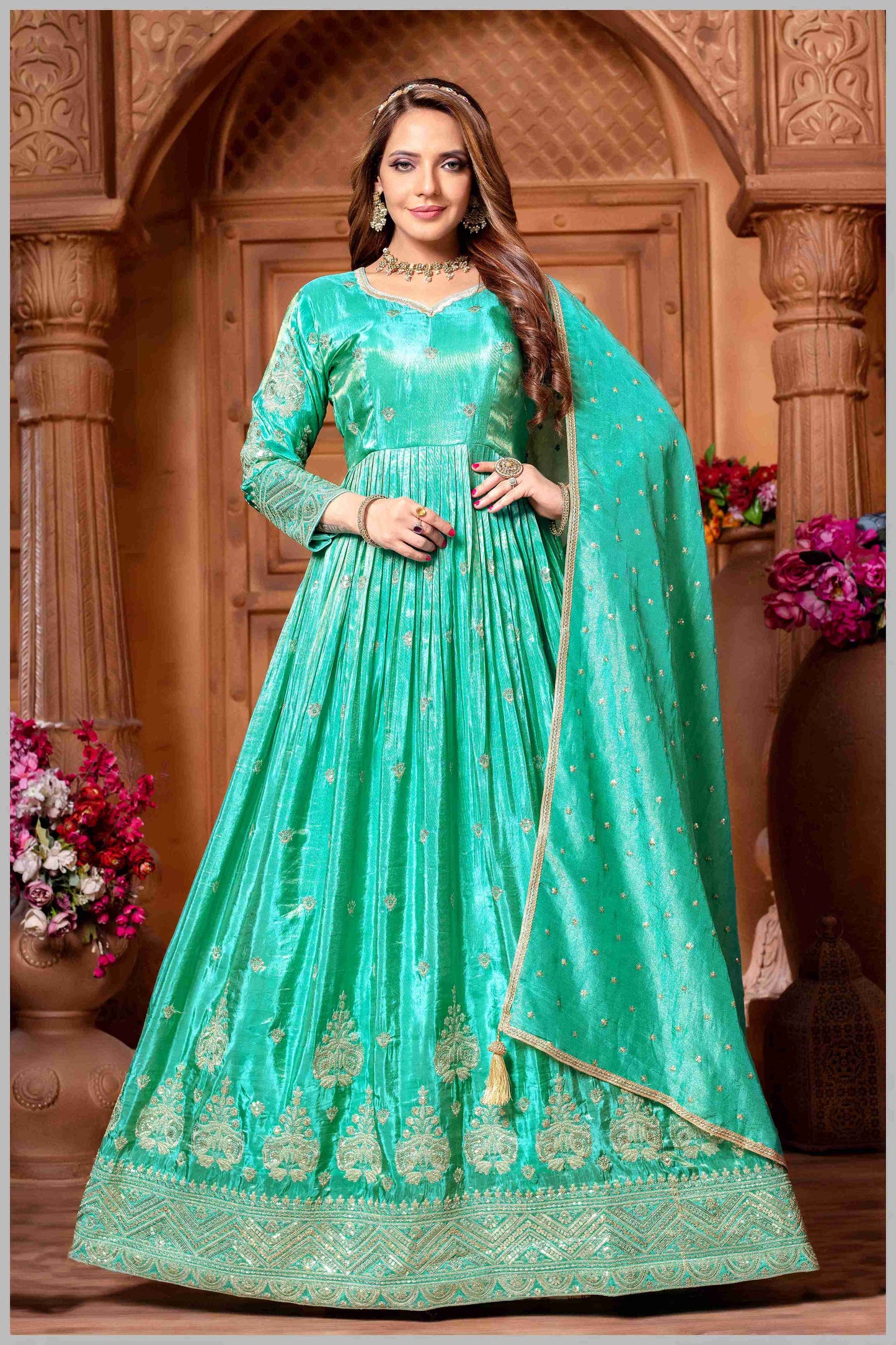 Elegant Turquoise Blue Anarkali Suit with Embroidered Detailing