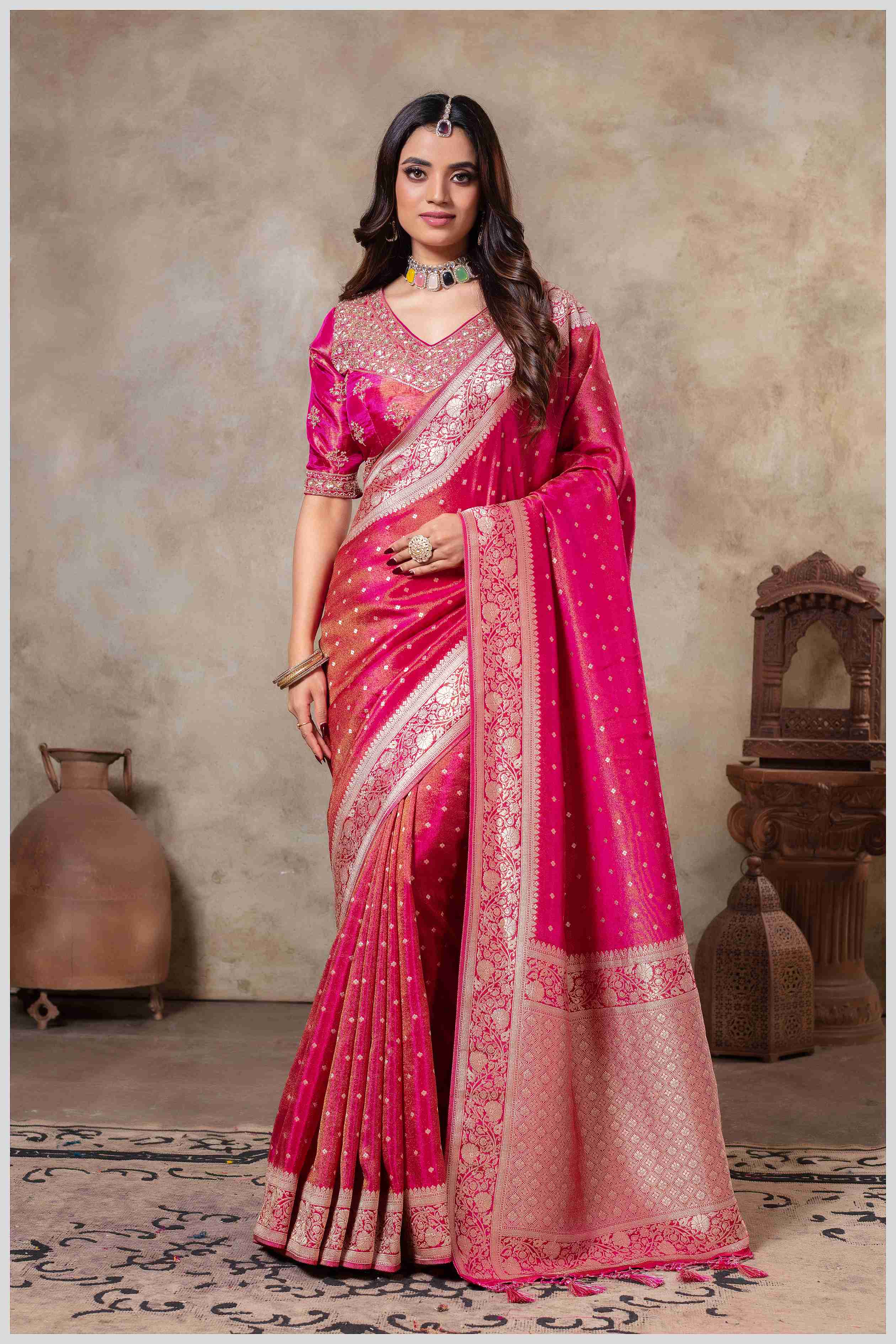 Pink Tissue Silk Saree with Golden Zari Weaving