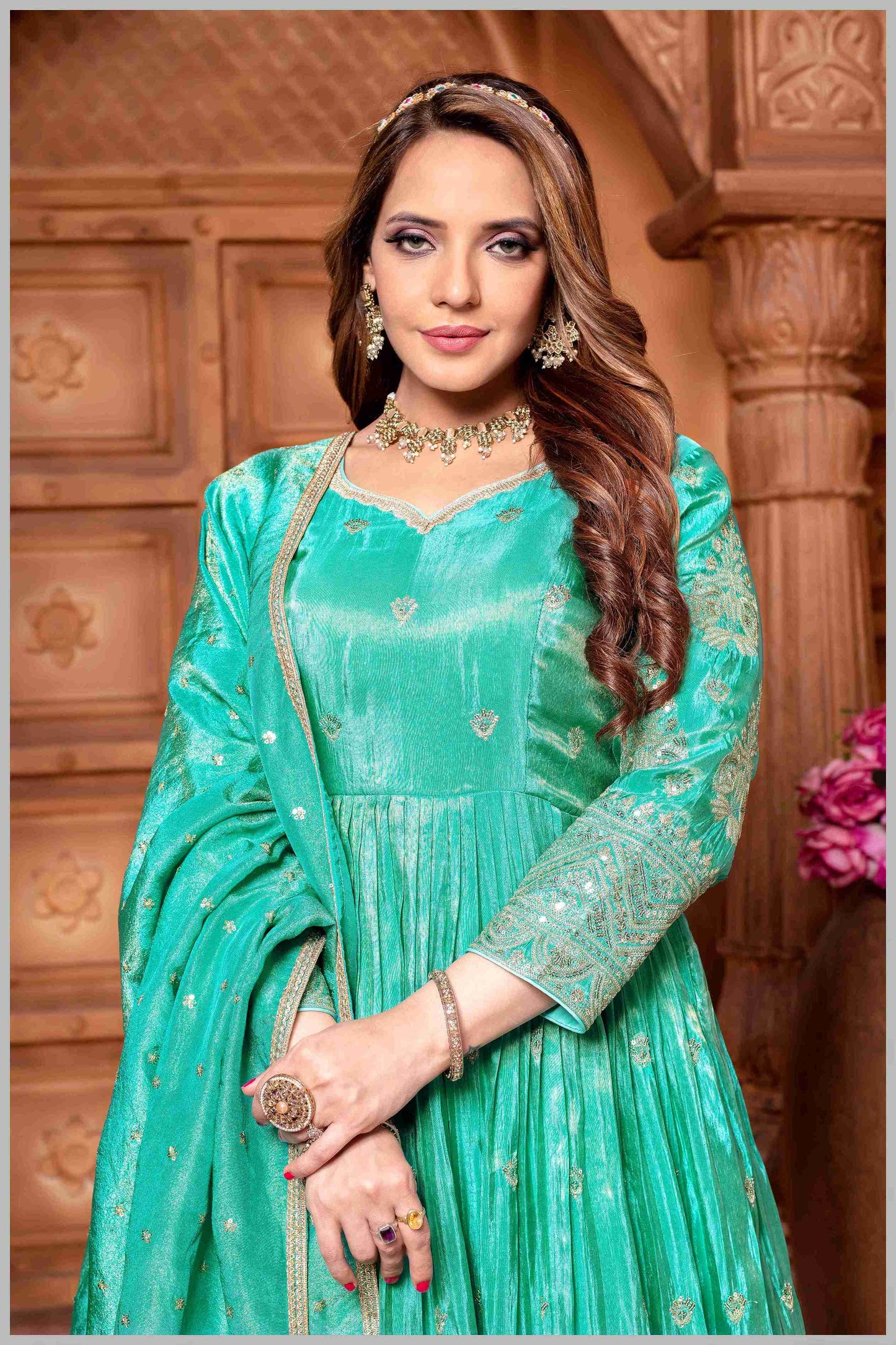 Elegant Turquoise Blue Anarkali Suit with Embroidered Detailing