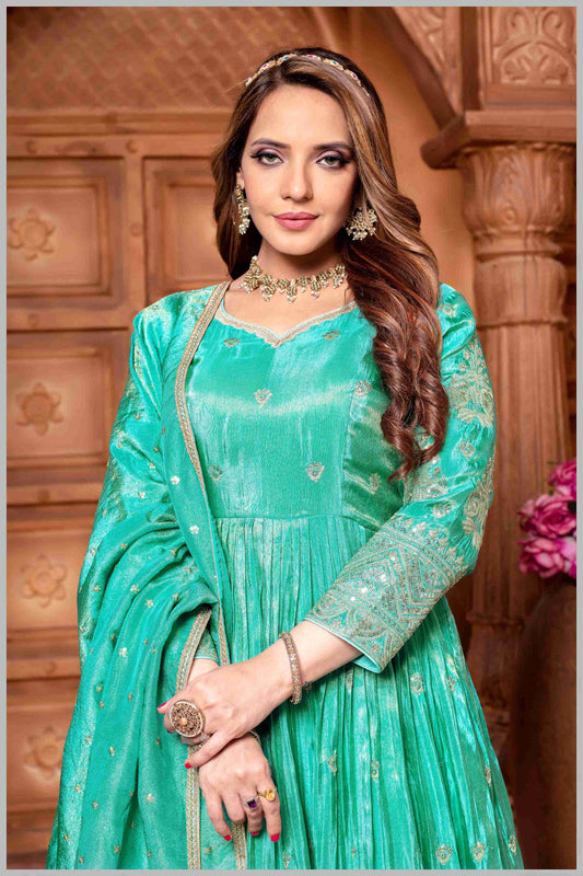 Elegant Turquoise Blue Anarkali Suit with Embroidered Detailing
