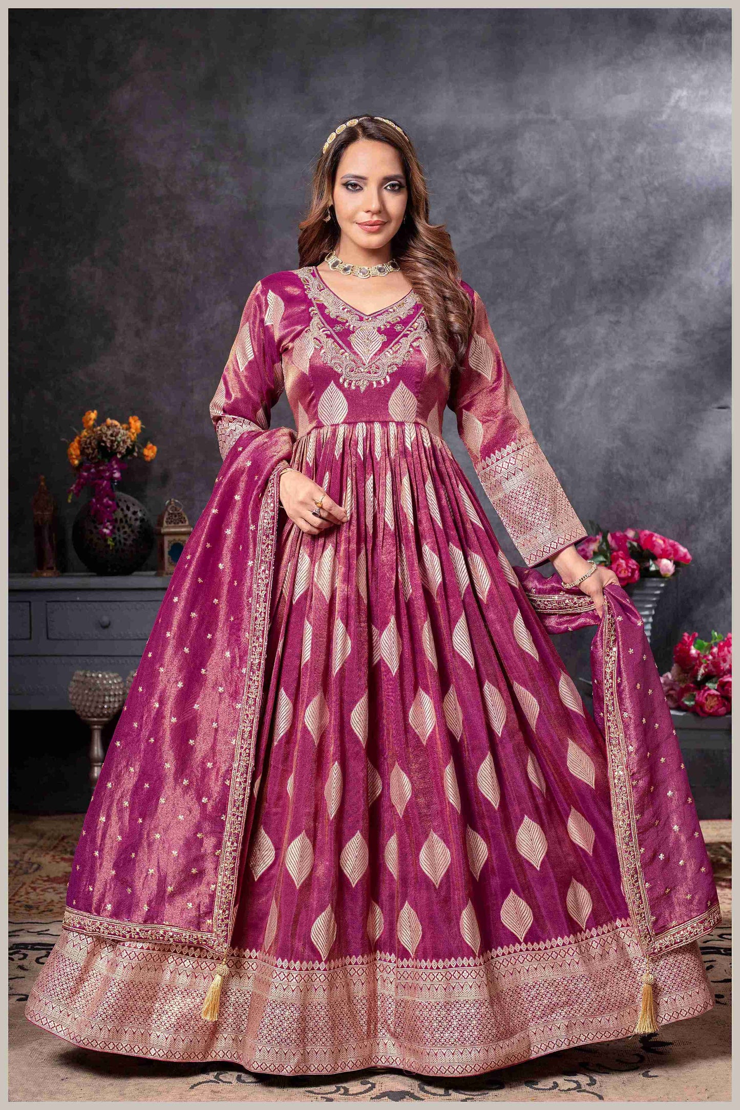 Magenta Gown with Golden Zari Weaving & Embroidered Dupatta