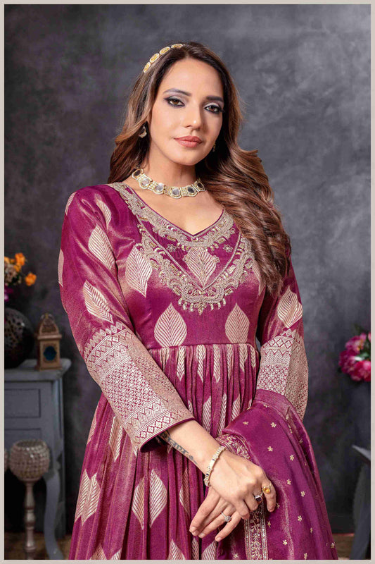 Magenta Gown with Golden Zari Weaving & Embroidered Dupatta