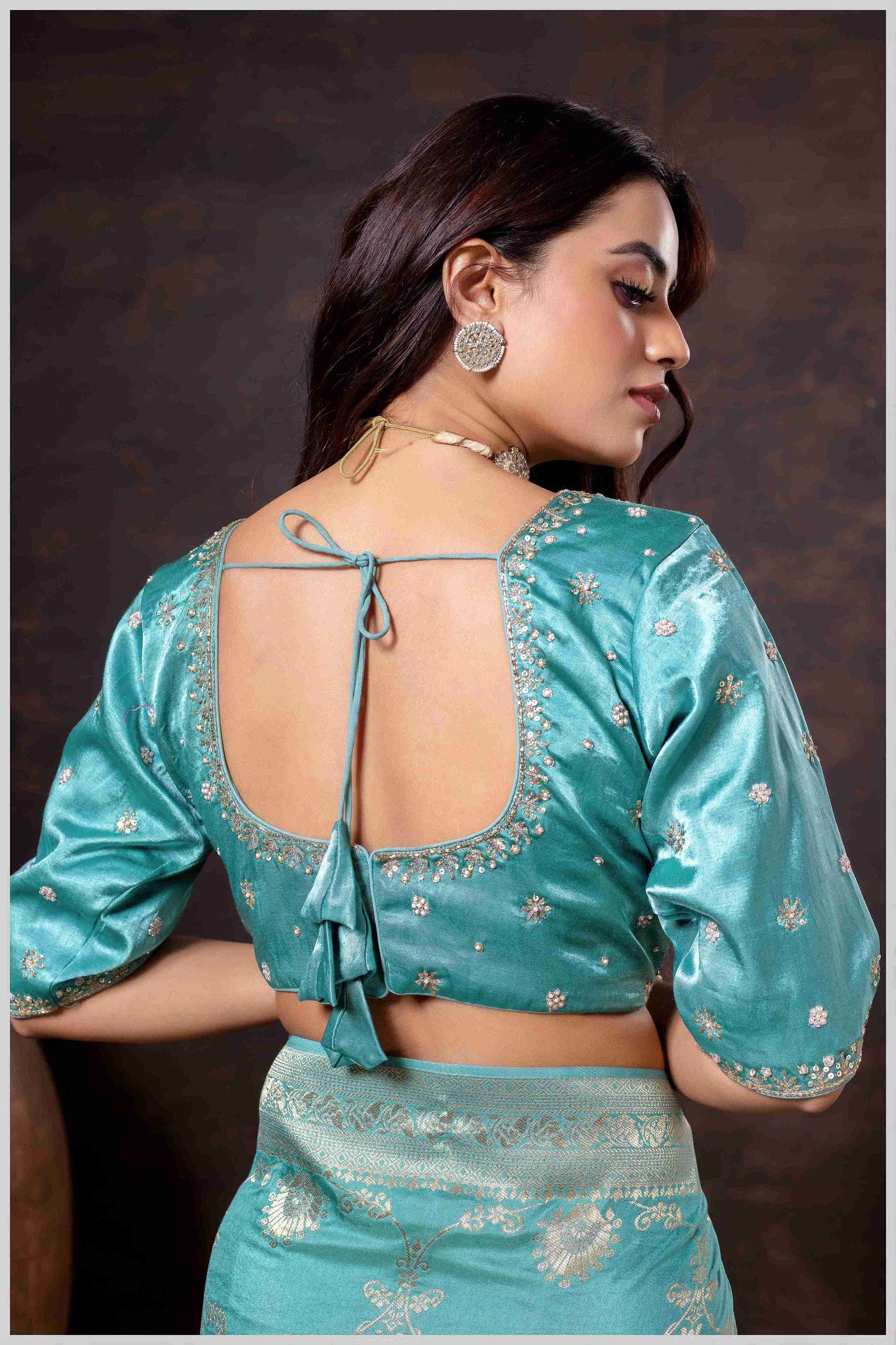 Graceful Aqua Blue Banarasi Silk Saree with Zari Accents & Embroidered Blouse