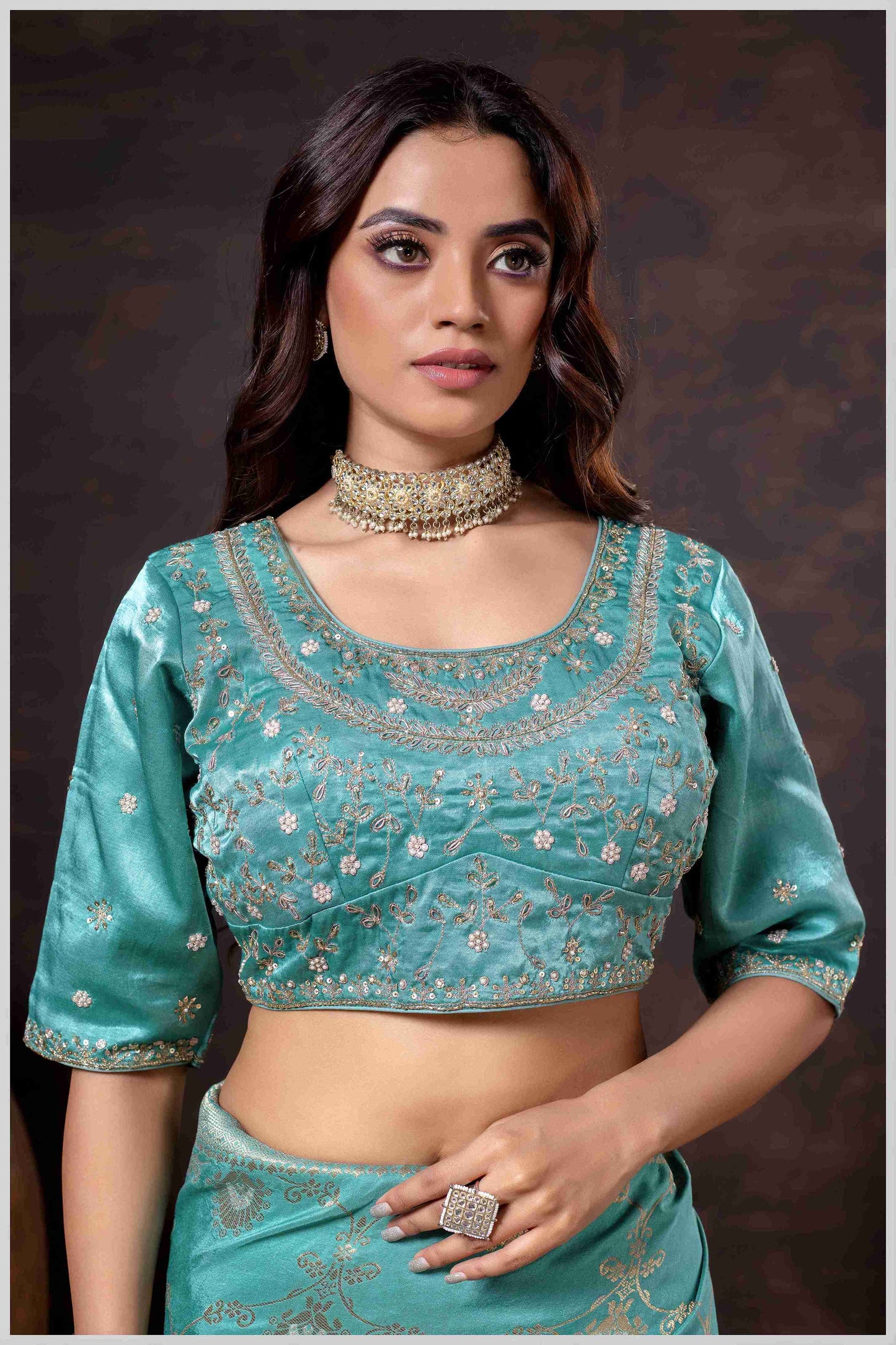 Graceful Aqua Blue Banarasi Silk Saree with Zari Accents & Embroidered Blouse
