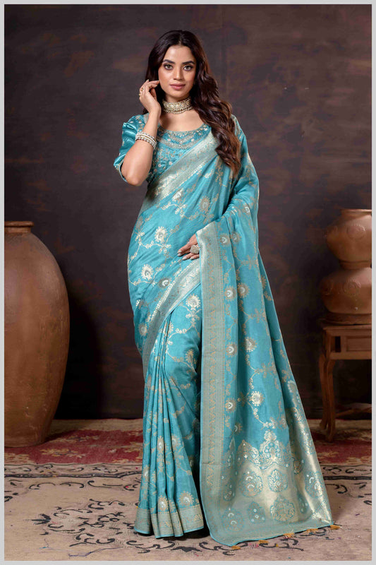 Graceful Aqua Blue Banarasi Silk Saree with Zari Accents & Embroidered Blouse